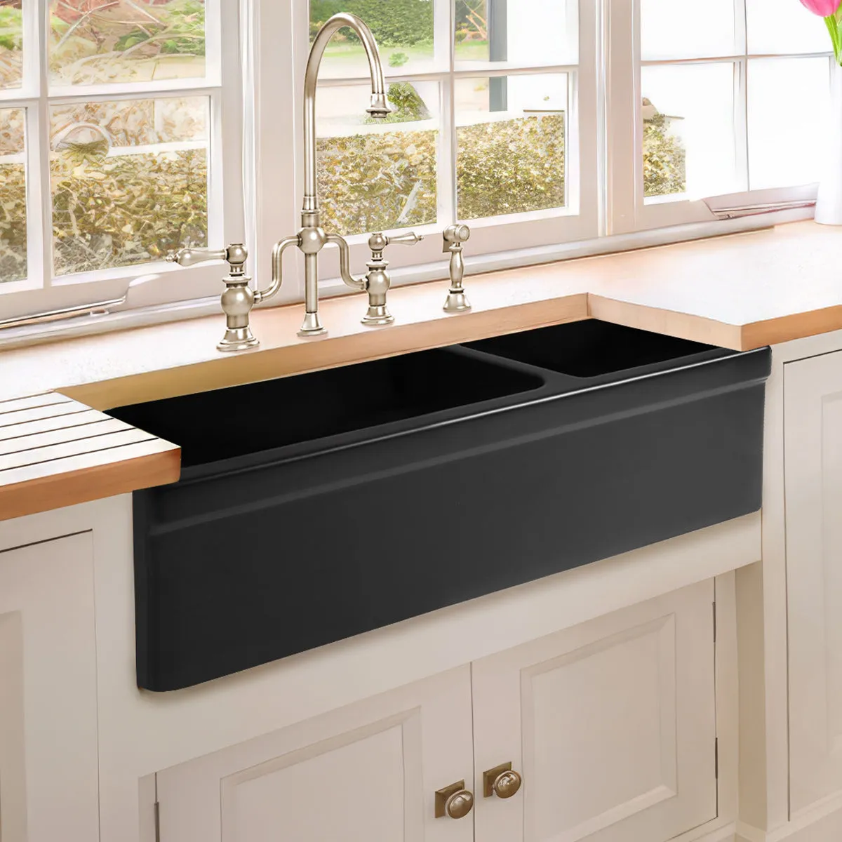 36" Reversible Large and Small Bowl Fireclay Kitchen Sink: 2½” lip Front Apron