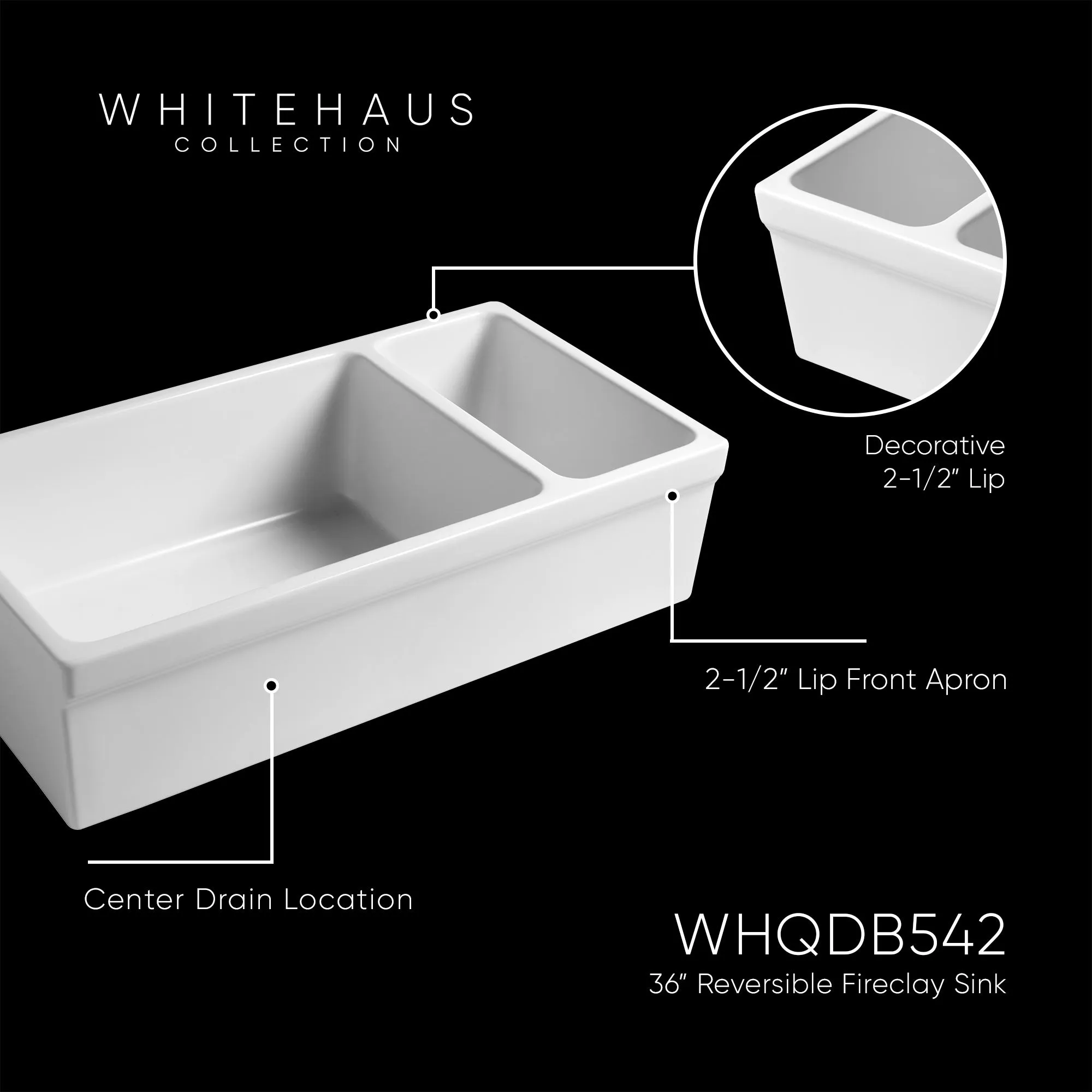 36" Reversible Large and Small Bowl Fireclay Kitchen Sink: 2½” lip Front Apron