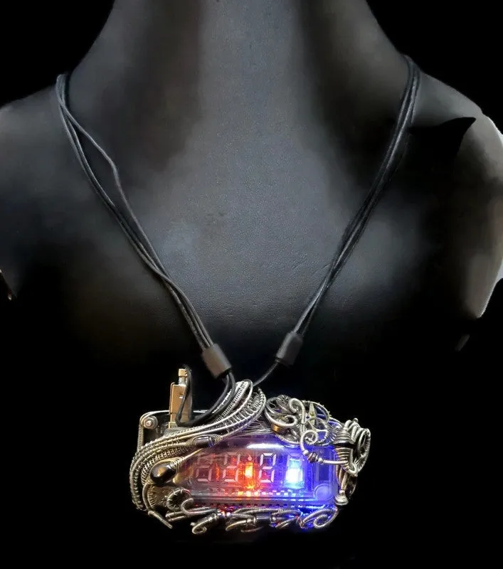 4-Bit Binary Counter Necklace with Upcycled Electronic/Watch Parts, Steampunk/Cyberpunk Fusion