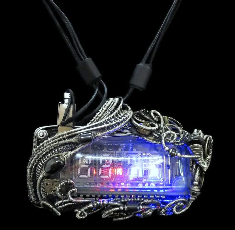 4-Bit Binary Counter Necklace with Upcycled Electronic/Watch Parts, Steampunk/Cyberpunk Fusion