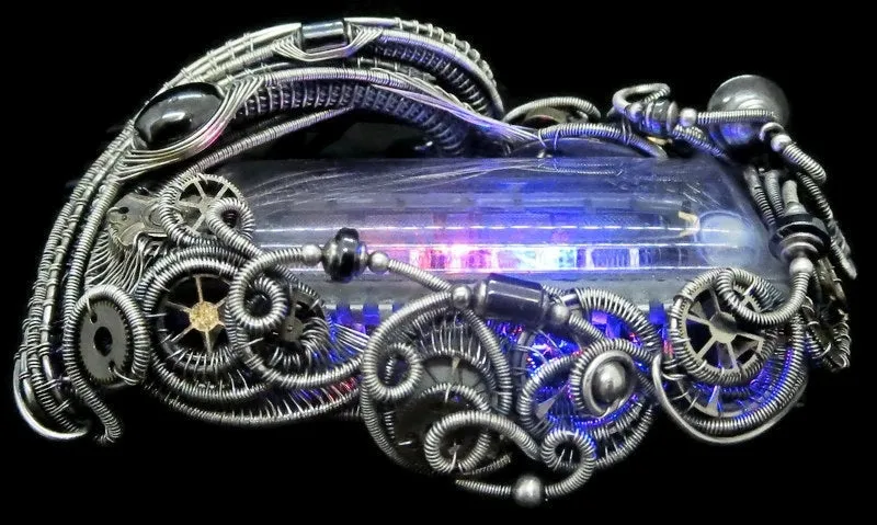 4-Bit Binary Counter Necklace with Upcycled Electronic/Watch Parts, Steampunk/Cyberpunk Fusion
