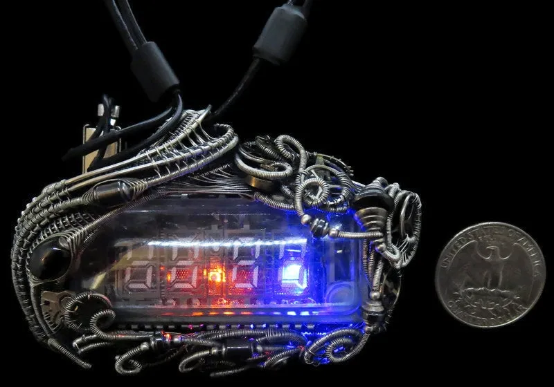 4-Bit Binary Counter Necklace with Upcycled Electronic/Watch Parts, Steampunk/Cyberpunk Fusion