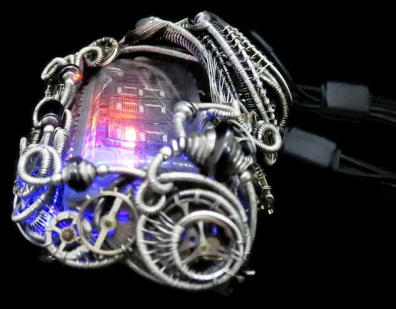 4-Bit Binary Counter Necklace with Upcycled Electronic/Watch Parts, Steampunk/Cyberpunk Fusion