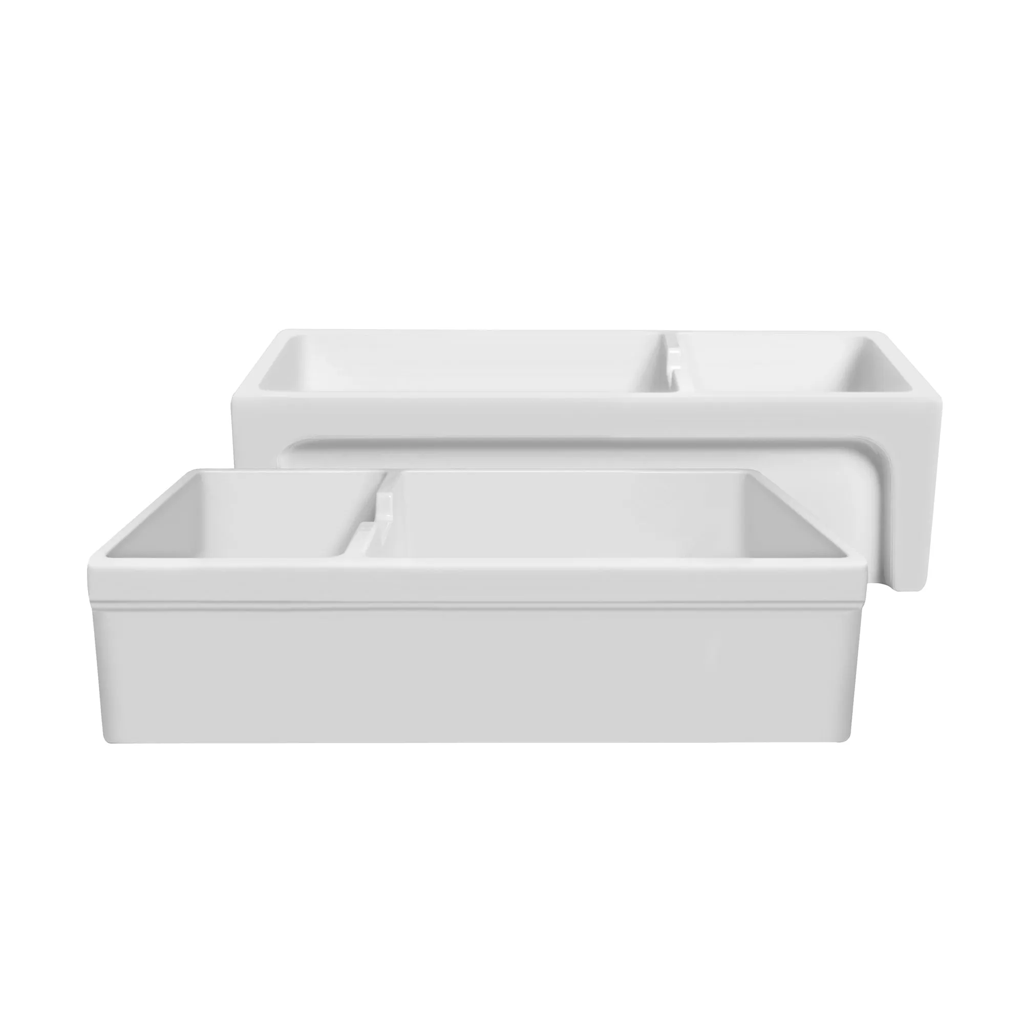 42" large reversible double bowl fireclay kitchen sink: beveled, 2" lip front apron