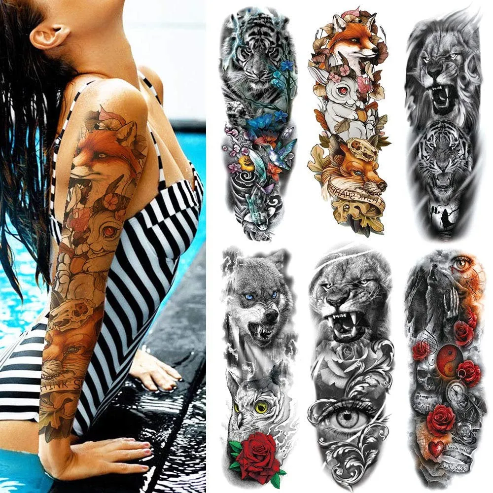 6 Full Arm 6 x 18" Sheets Waterproof Fake Tattoo Temporary Realistic Waterproof Full Arm Fake Tattoo Totems Can Also Use for DIY Crafting