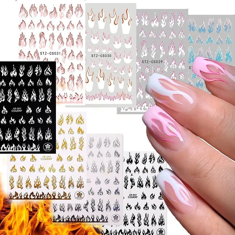 8 Sheets Flame Cloud Moon Cute Pattern Nail Art Stickers for Nail Art Supplies 3D Self-Adhesive Nail Sticker Decals ,Nails Tips DIY Toenails Nail Tattoos for Women Manicure Nail Decorations Luxury French Stickers Para Uñas