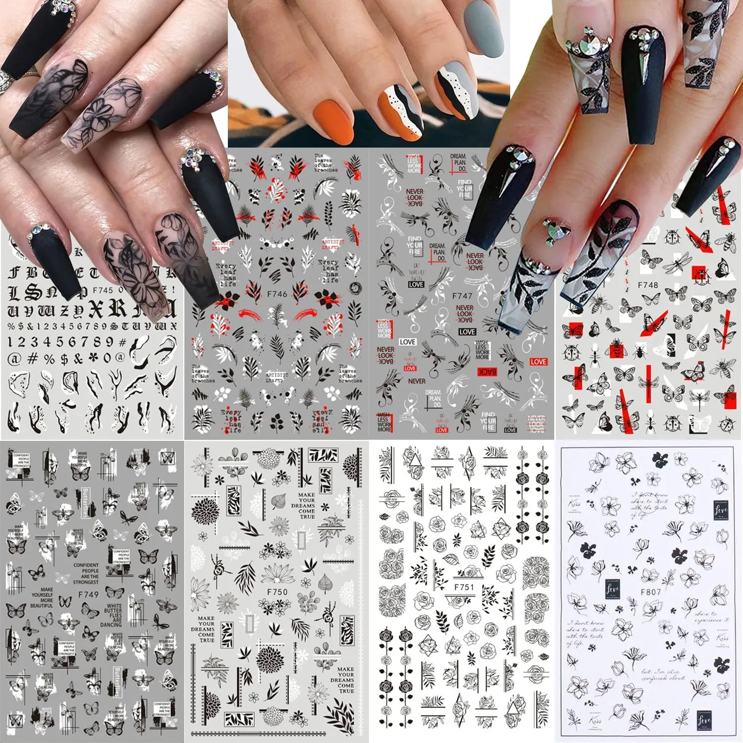 8 Sheets Flame Cloud Moon Cute Pattern Nail Art Stickers for Nail Art Supplies 3D Self-Adhesive Nail Sticker Decals ,Nails Tips DIY Toenails Nail Tattoos for Women Manicure Nail Decorations Luxury French Stickers Para Uñas