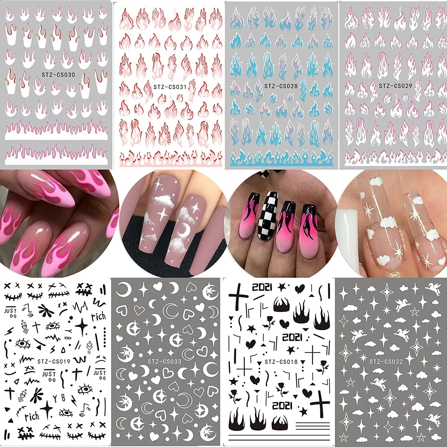 8 Sheets Flame Cloud Moon Cute Pattern Nail Art Stickers for Nail Art Supplies 3D Self-Adhesive Nail Sticker Decals ,Nails Tips DIY Toenails Nail Tattoos for Women Manicure Nail Decorations Luxury French Stickers Para Uñas