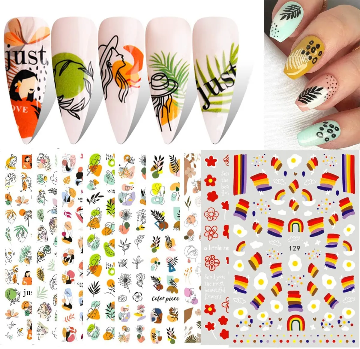 8 Sheets Flame Cloud Moon Cute Pattern Nail Art Stickers for Nail Art Supplies 3D Self-Adhesive Nail Sticker Decals ,Nails Tips DIY Toenails Nail Tattoos for Women Manicure Nail Decorations Luxury French Stickers Para Uñas