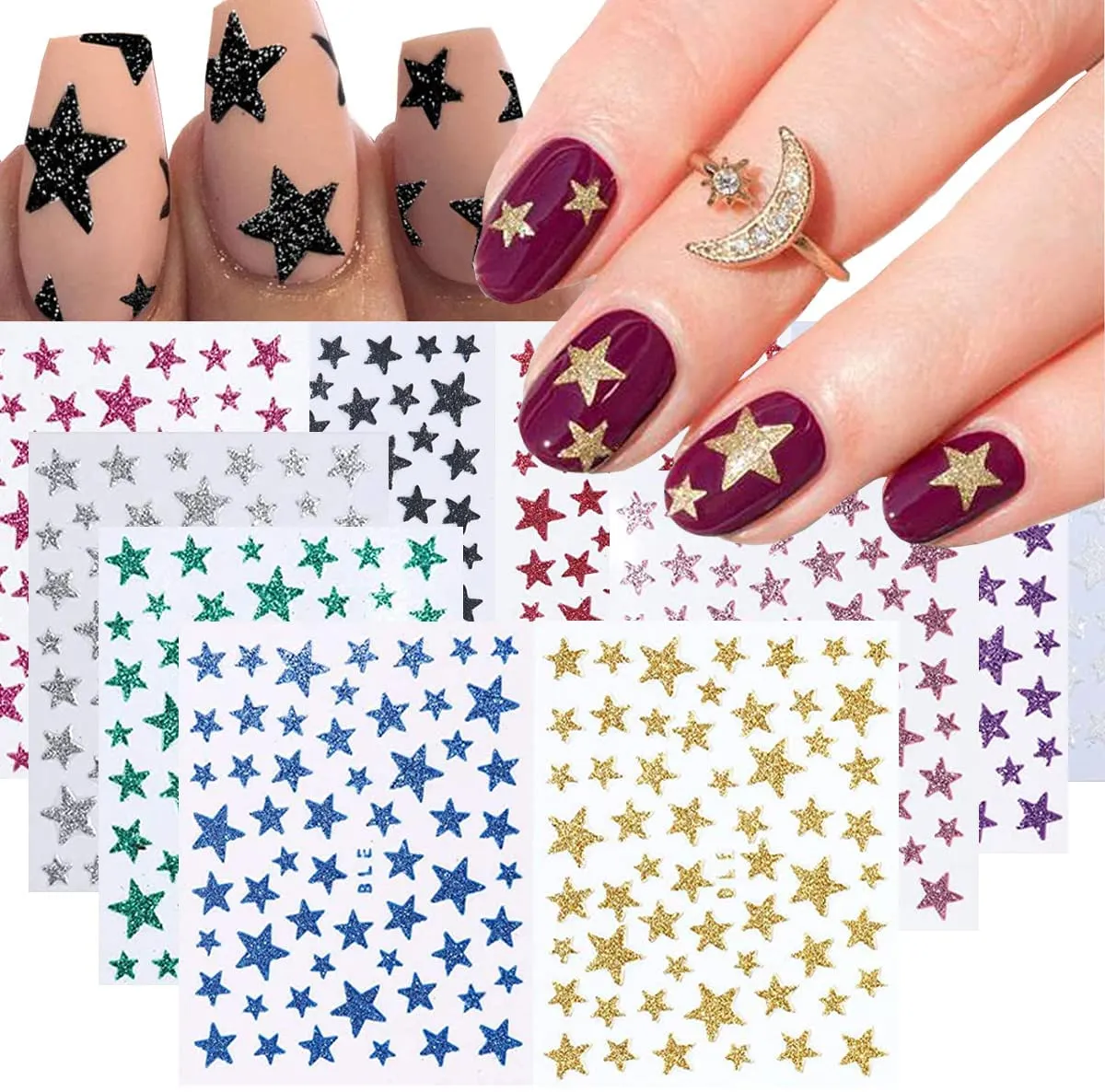8 Sheets Flame Cloud Moon Cute Pattern Nail Art Stickers for Nail Art Supplies 3D Self-Adhesive Nail Sticker Decals ,Nails Tips DIY Toenails Nail Tattoos for Women Manicure Nail Decorations Luxury French Stickers Para Uñas