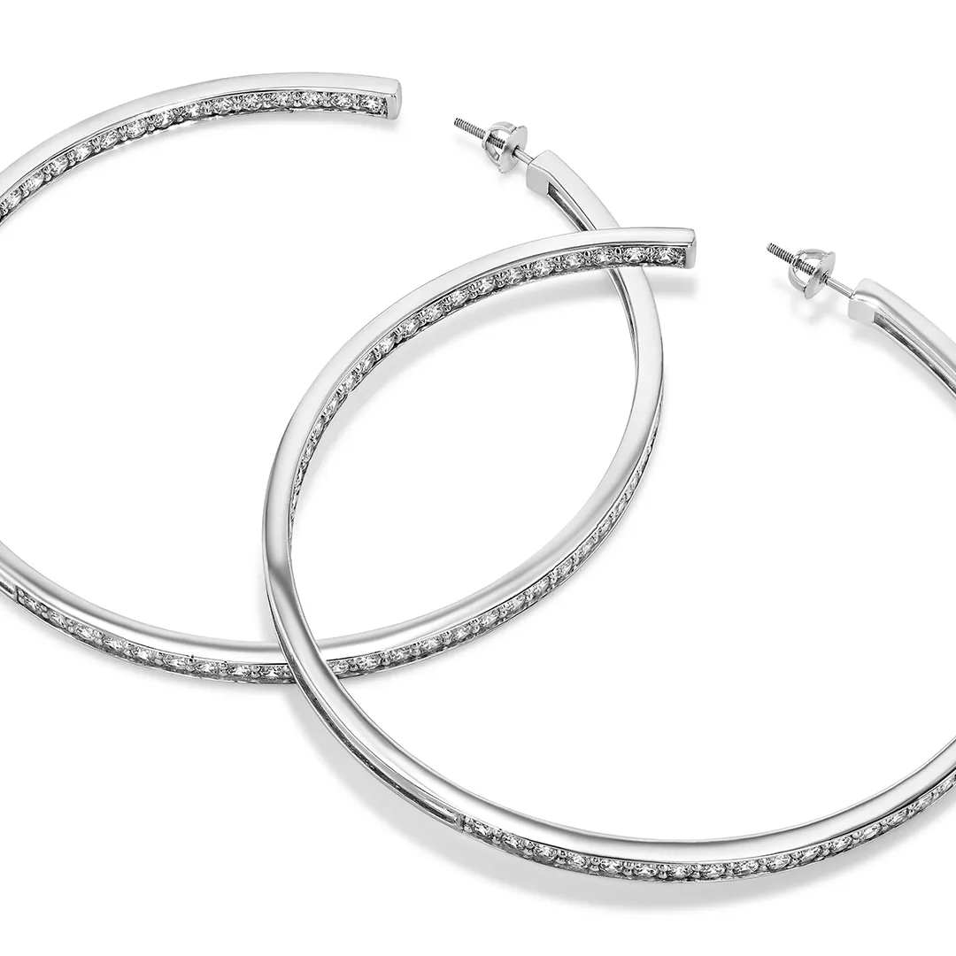 80mm Lucky Hoops in White Rhodium with White Quartz - 1 Left