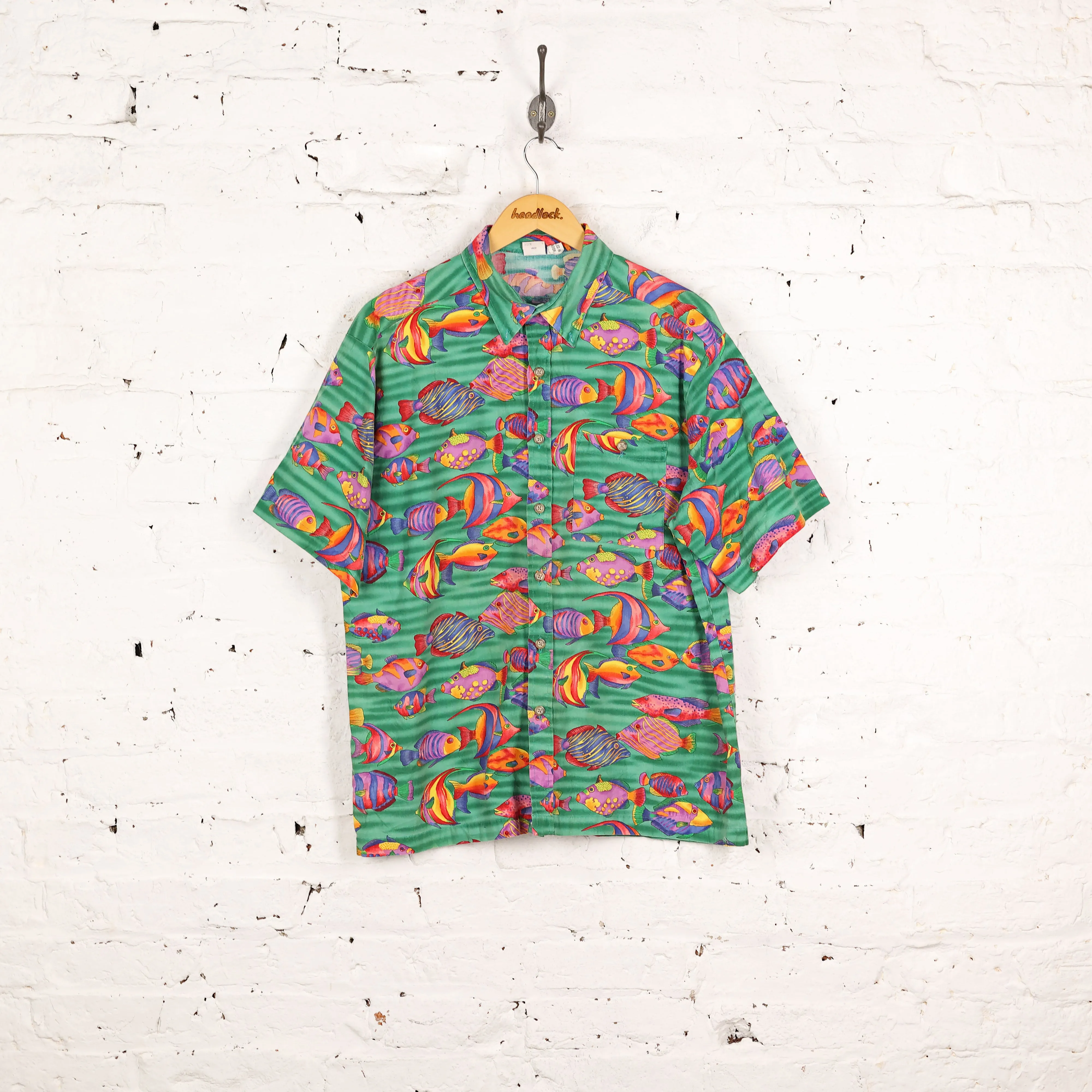 90s Fish Print Shirt - Green - L