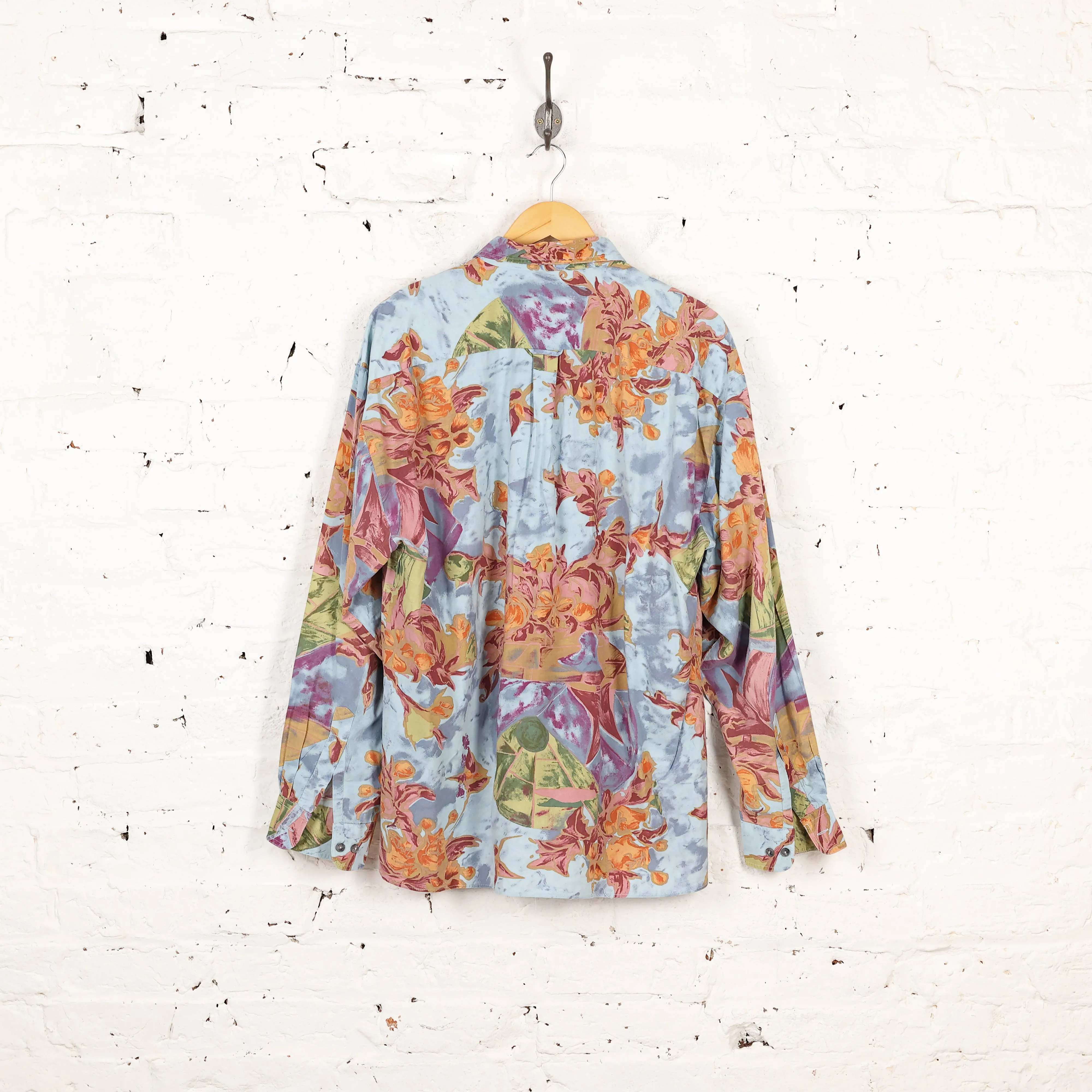 90s Floral Pattern Shirt - Blue - XL