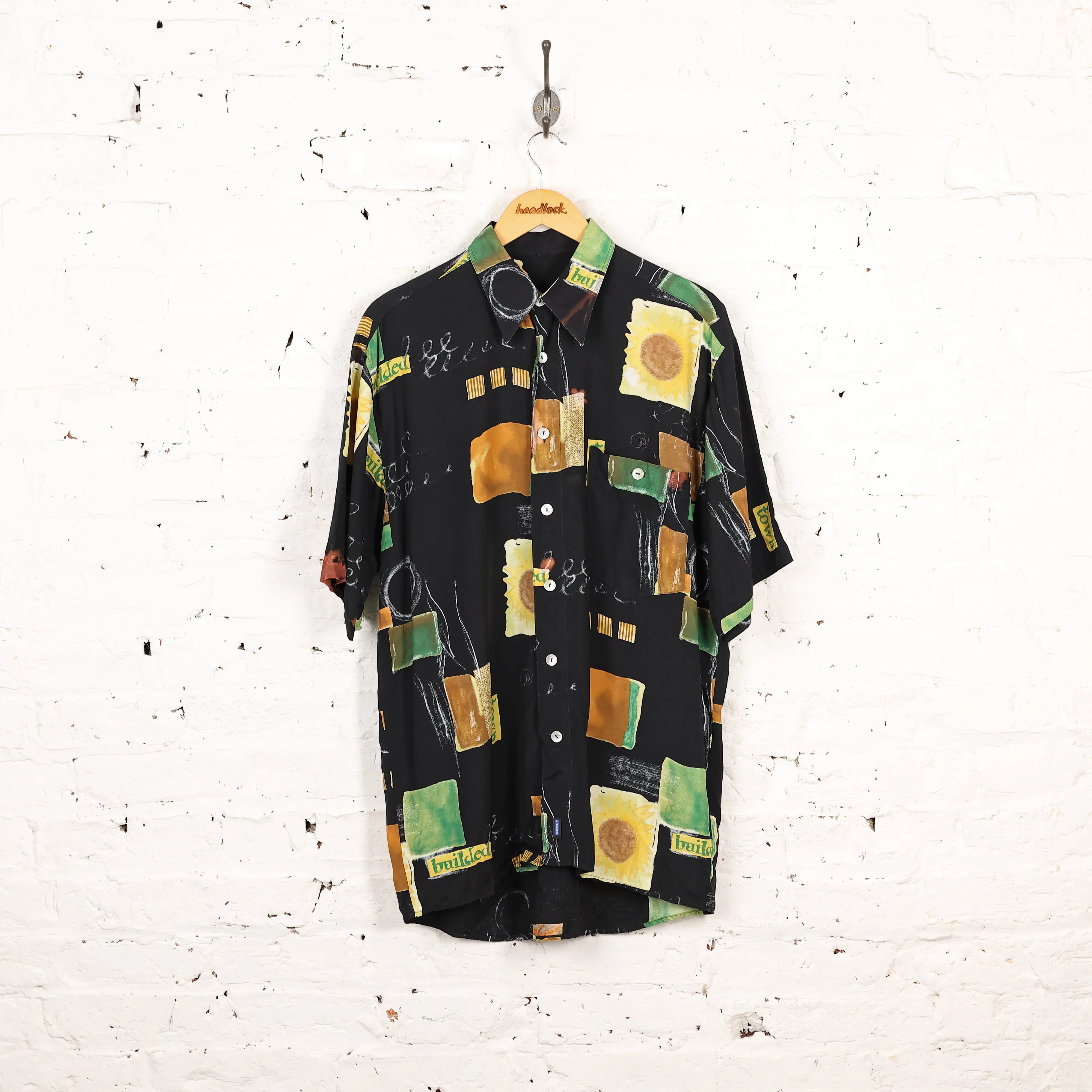 90s Floral Patterned Shirt - Black - M