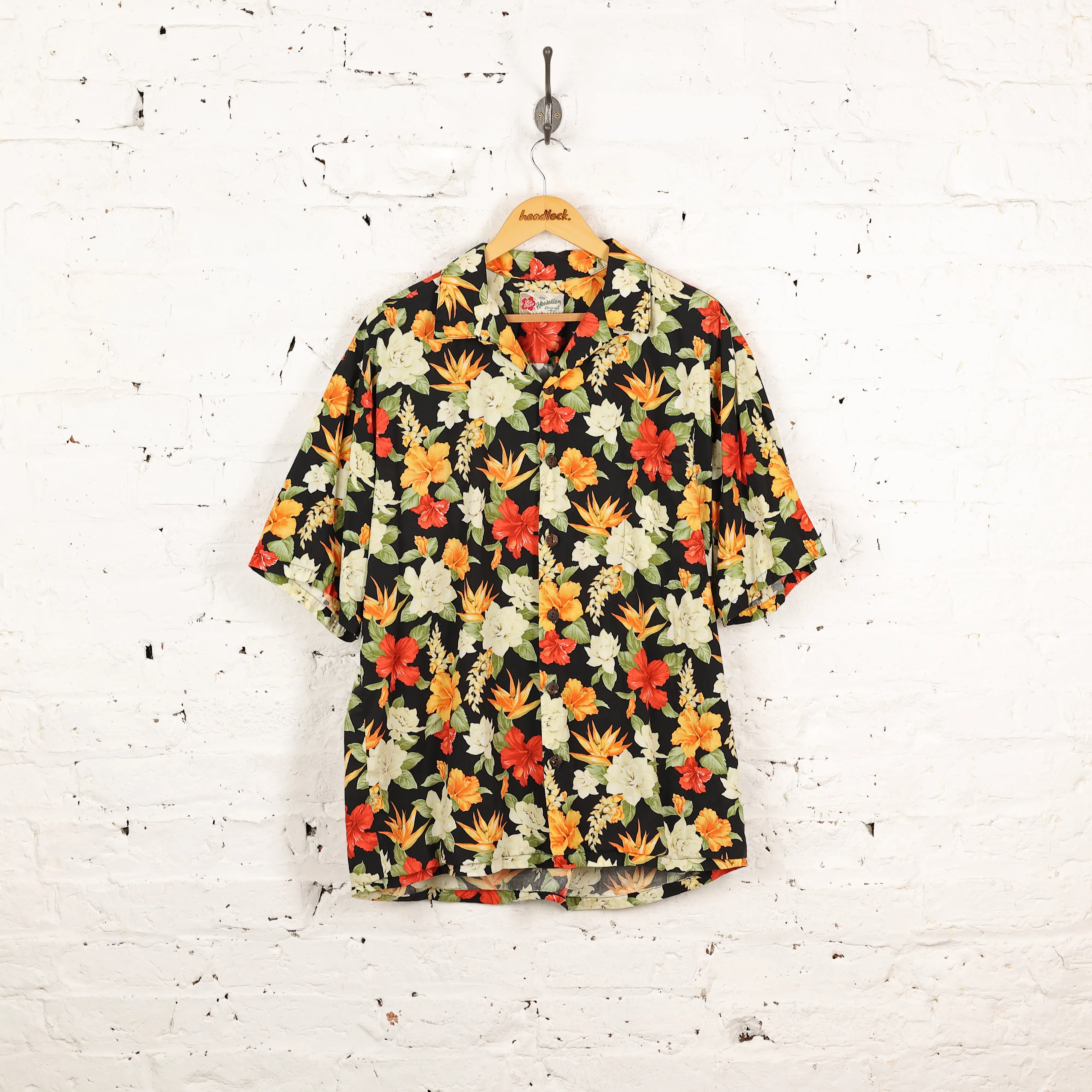 90's Hawaiian Print Pattern Shirt - Black - XL