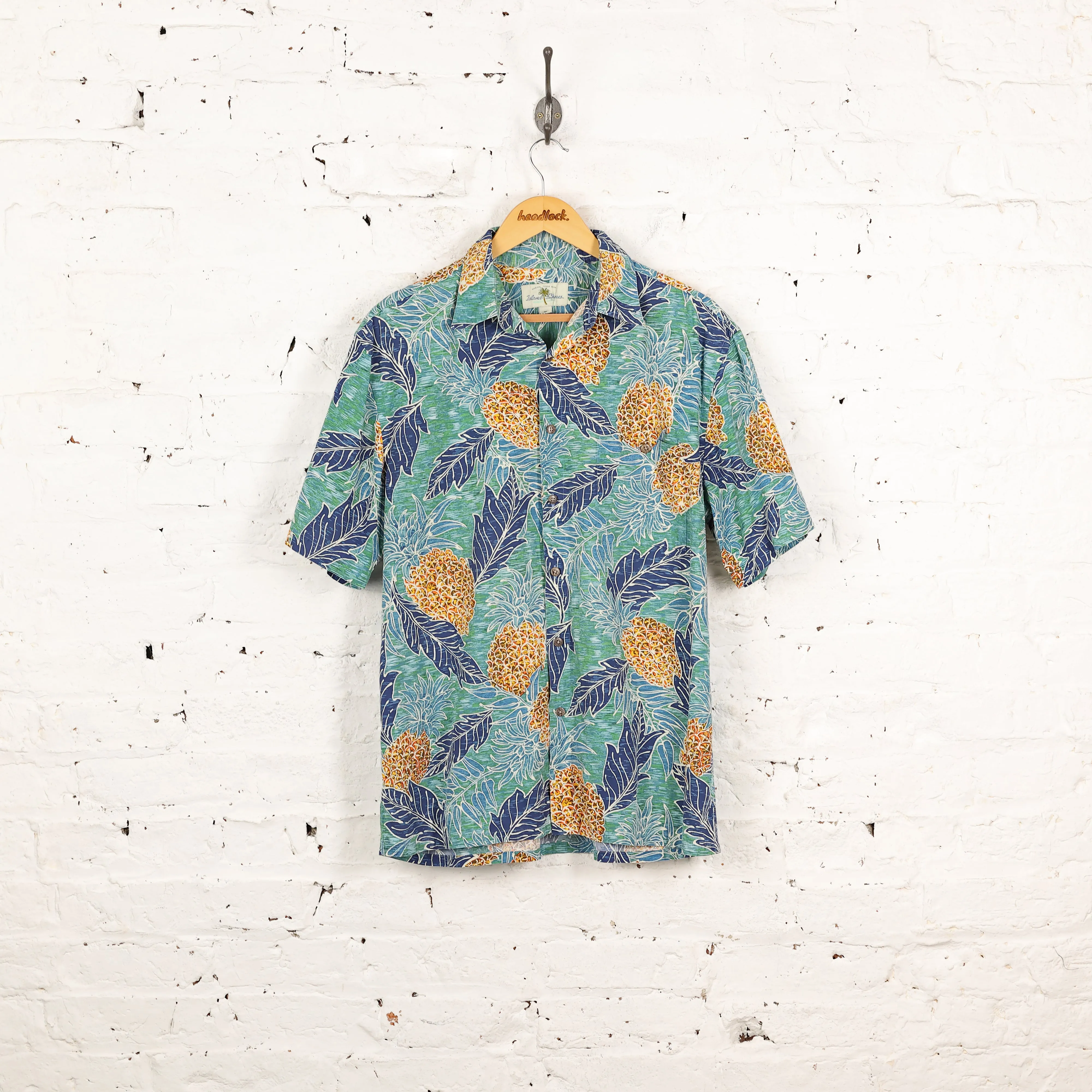 90's Hawaiian Print Pattern Shirt - Green - M