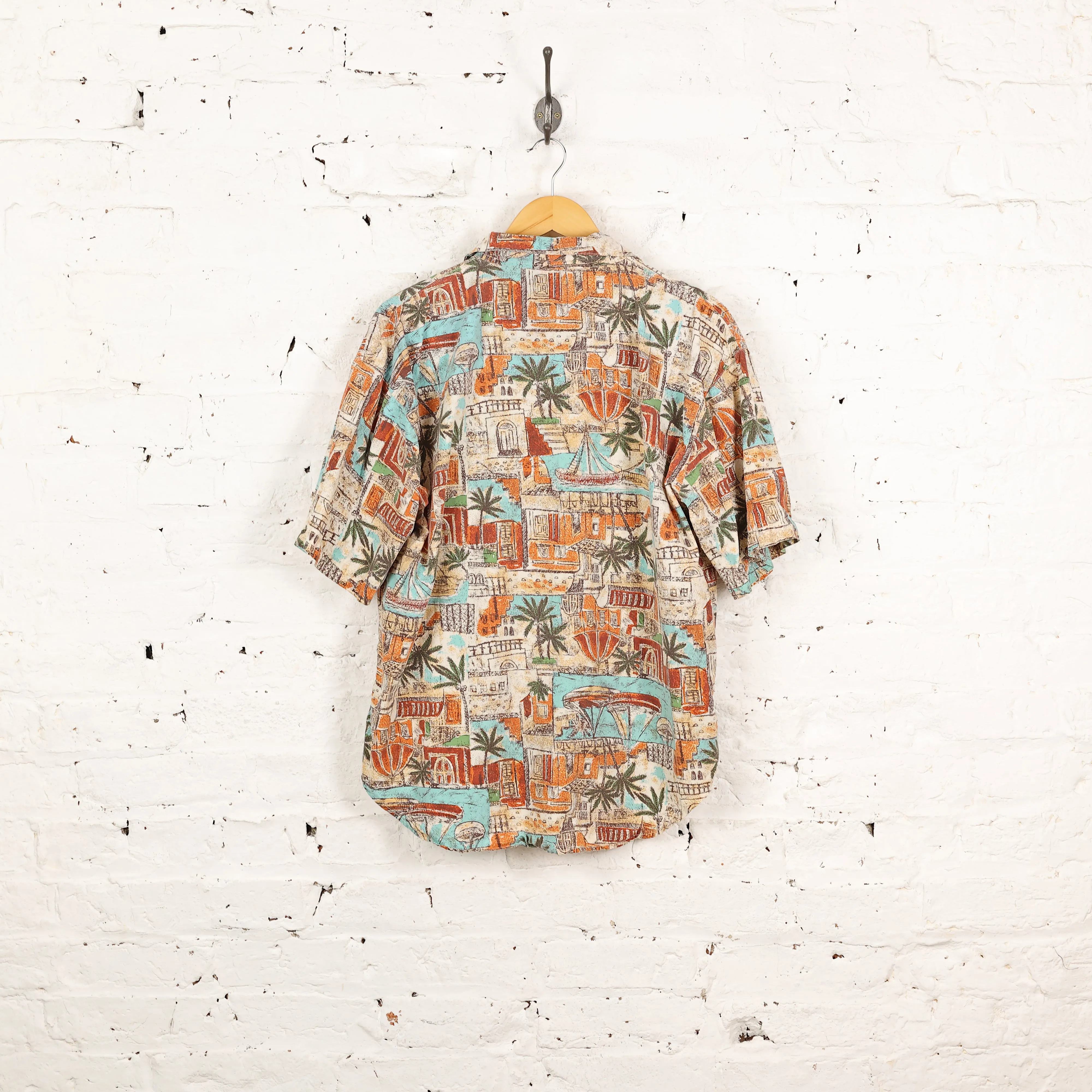 90's Hawaiian Print Pattern Shirt - Orange - M