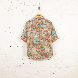 90's Hawaiian Print Pattern Shirt - Orange - M