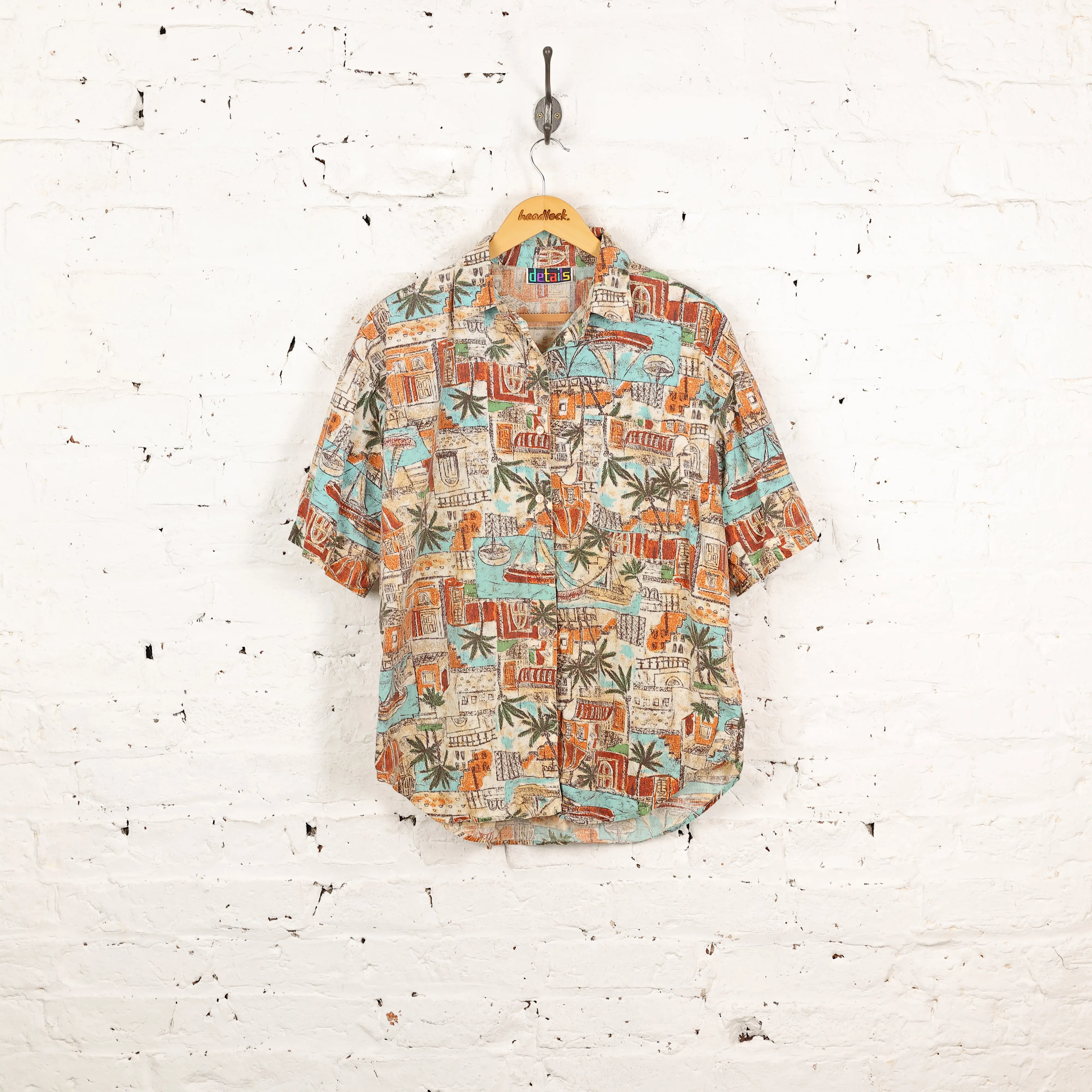 90's Hawaiian Print Pattern Shirt - Orange - M