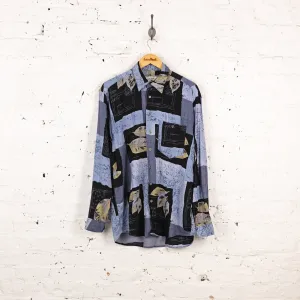 90s Leaves Long Sleeve Pattern Shirt - Blue - M