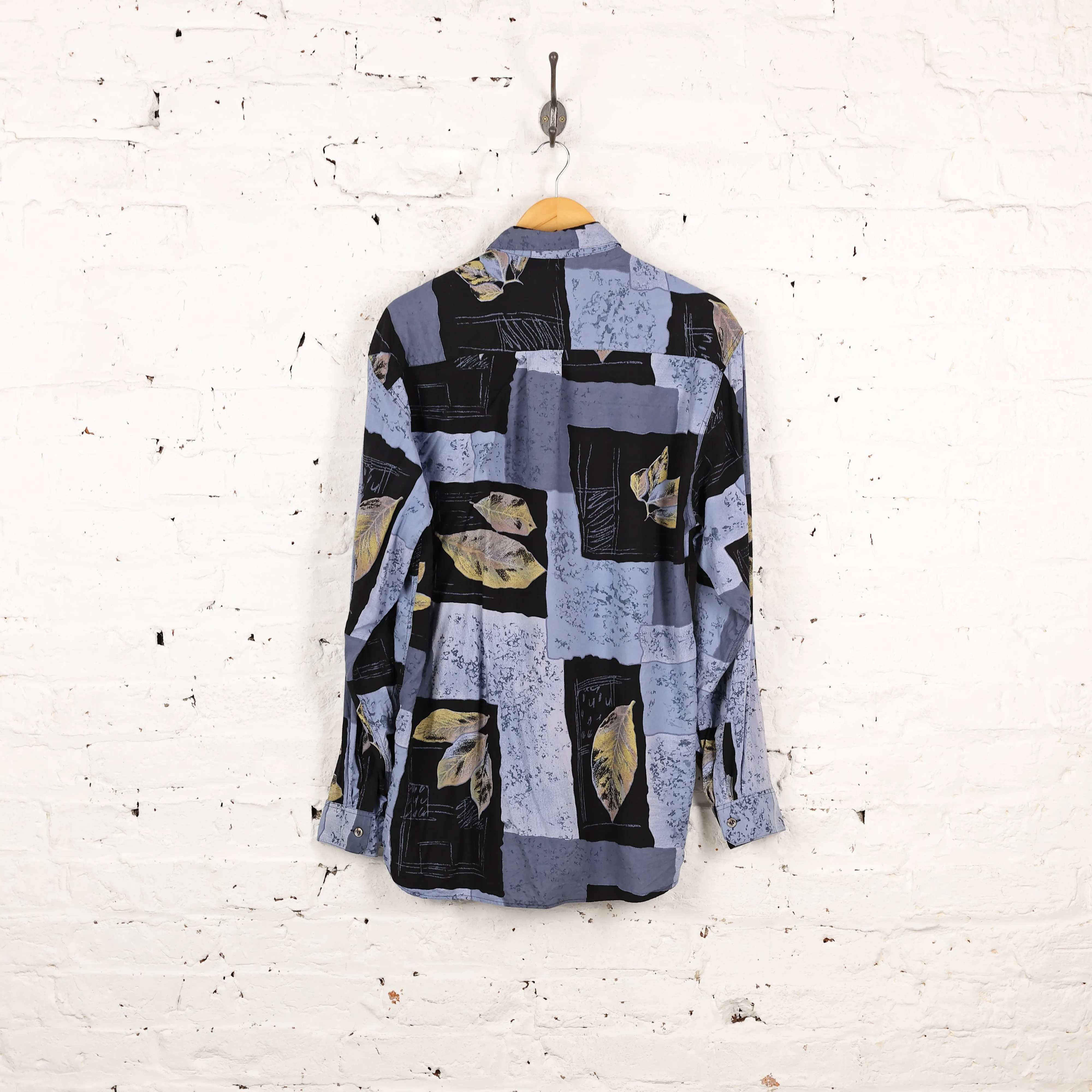 90s Leaves Long Sleeve Pattern Shirt - Blue - M