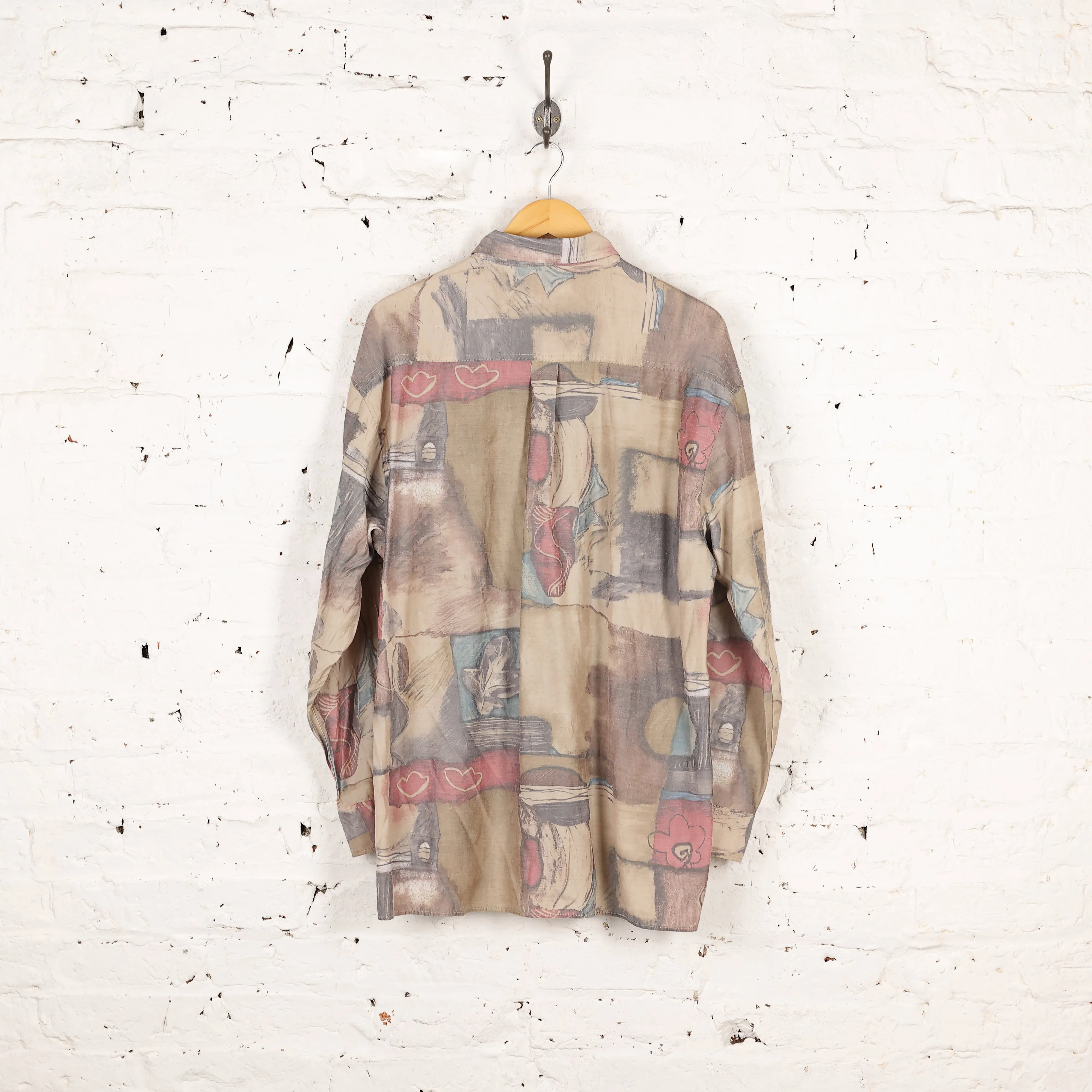 90s Long Sleeve Pattern Shirt - Beige - L