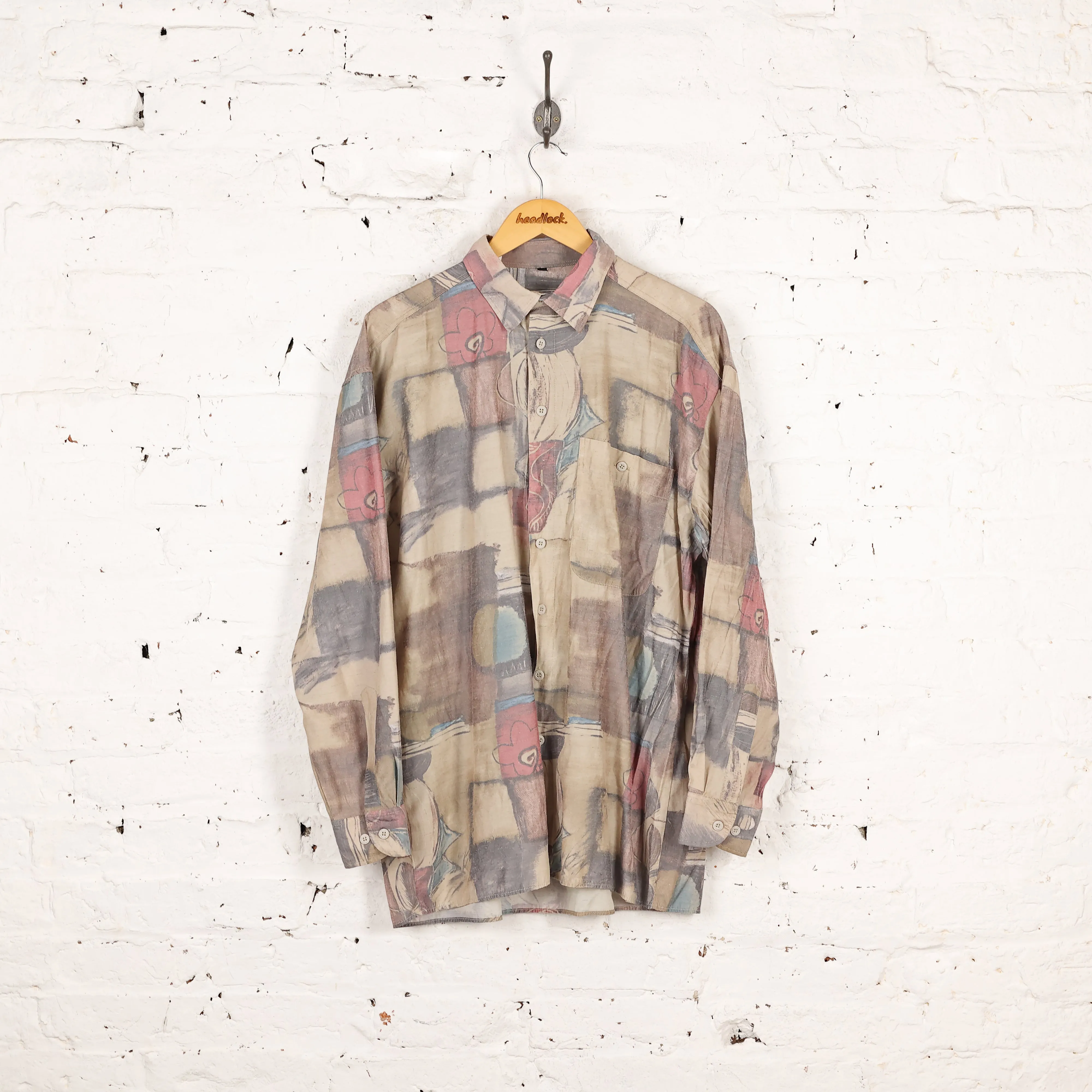 90s Long Sleeve Pattern Shirt - Beige - L
