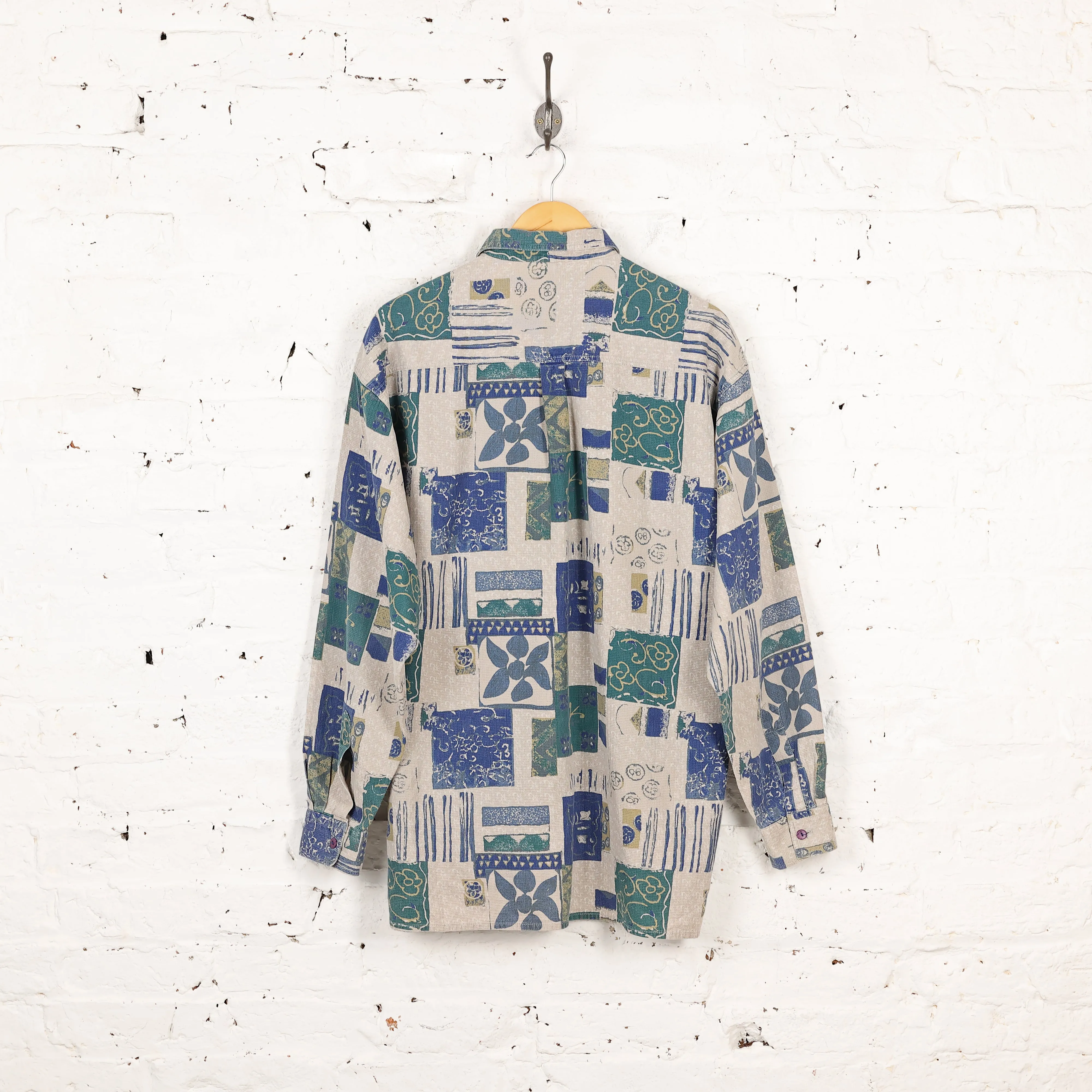 90s Long Sleeve Pattern Shirt - Beige/Green - M