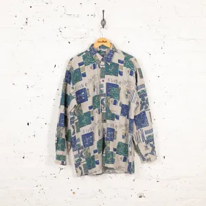 90s Long Sleeve Pattern Shirt - Beige/Green - M