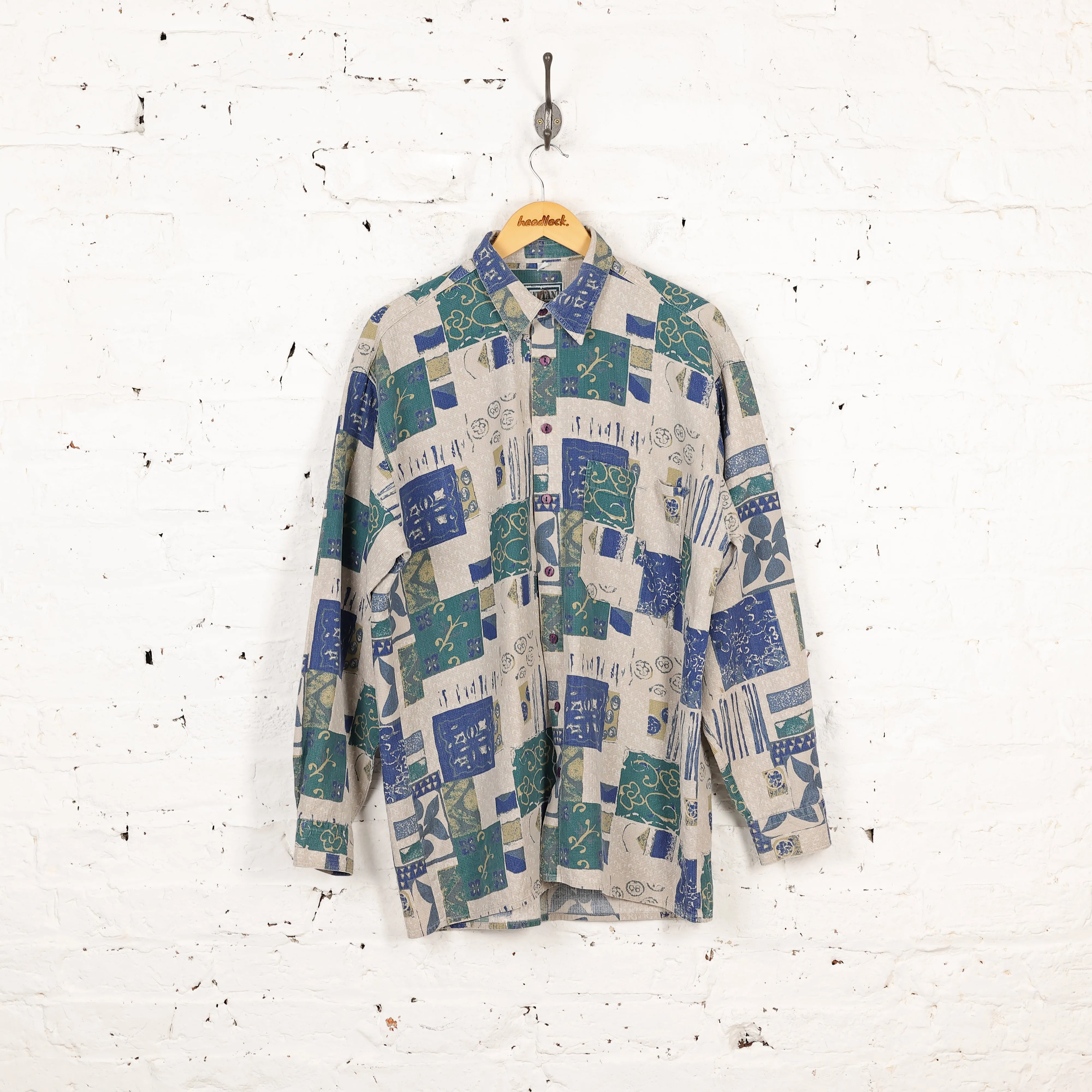 90s Long Sleeve Pattern Shirt - Beige/Green - M