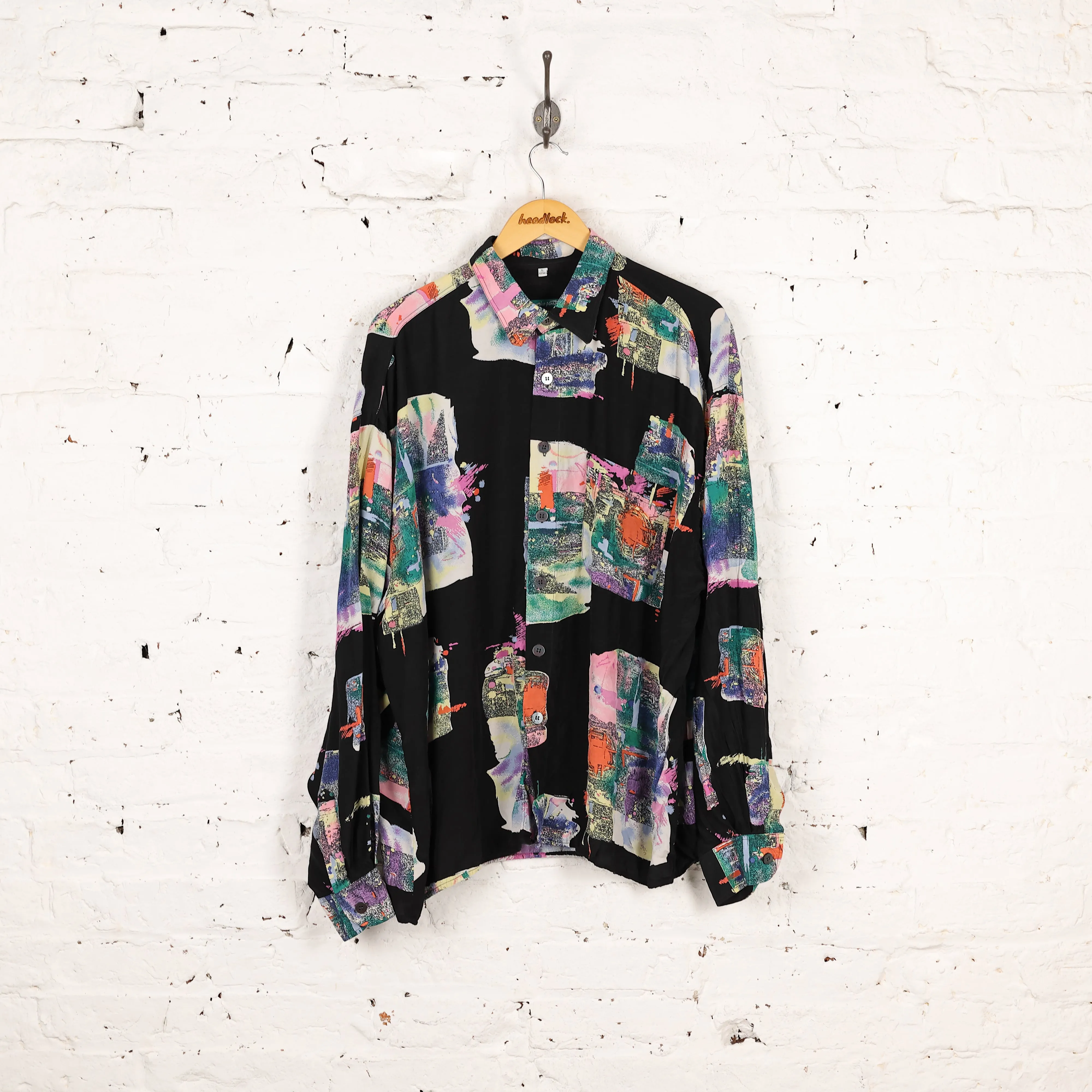 90s Long Sleeve Pattern Shirt - Black - XL