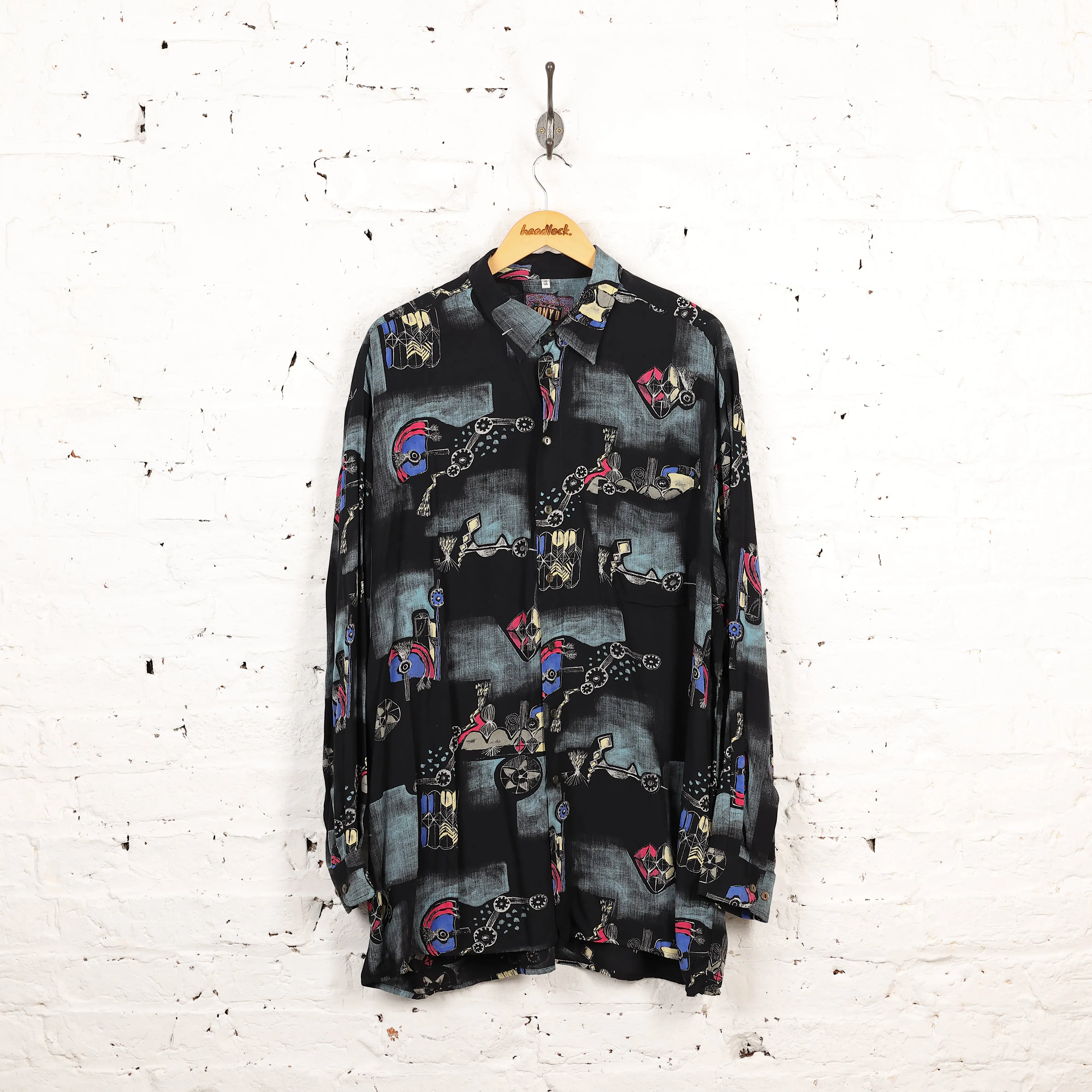 90s Long Sleeve Pattern Shirt - Black - XL