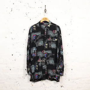 90s Long Sleeve Pattern Shirt - Black - XL
