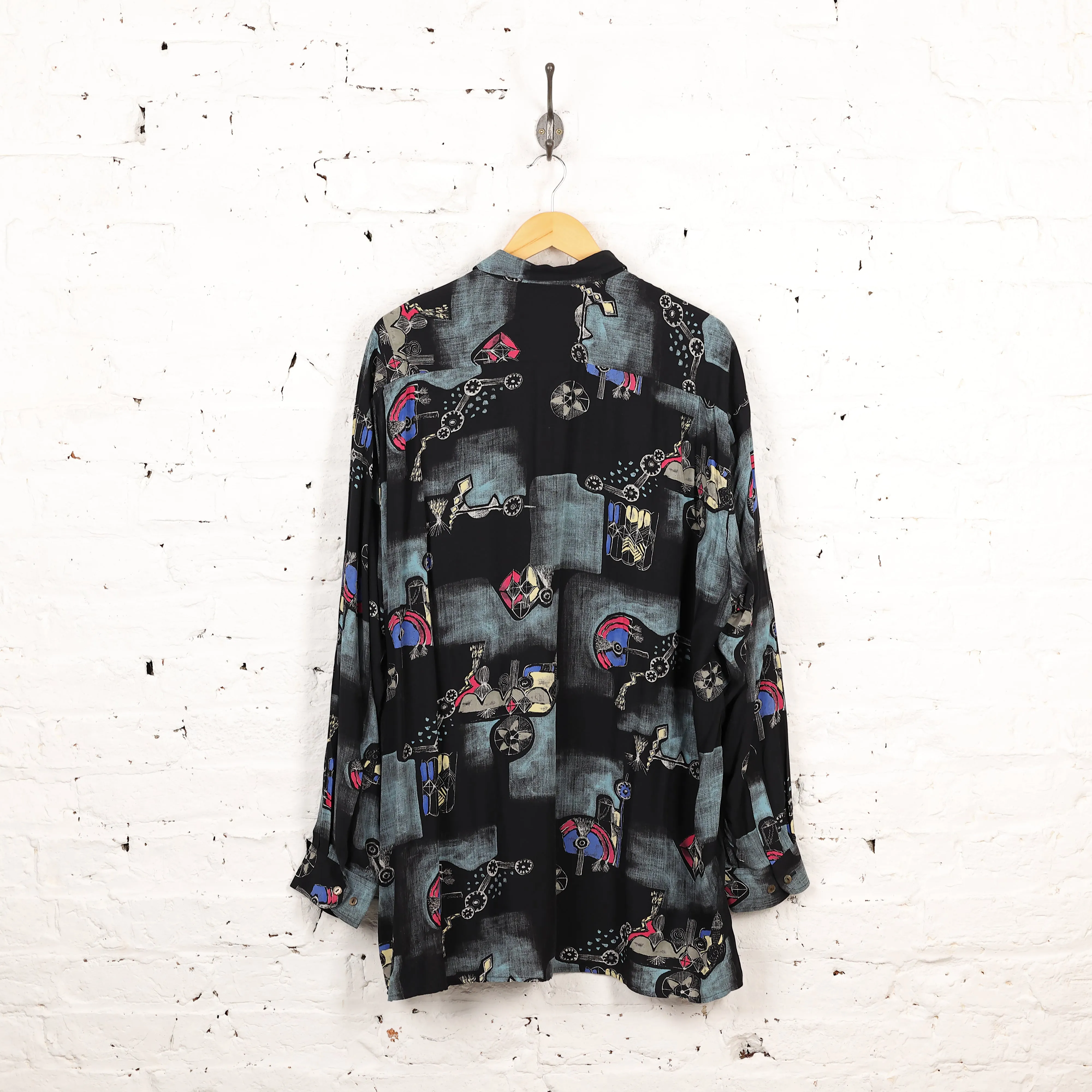 90s Long Sleeve Pattern Shirt - Black - XL