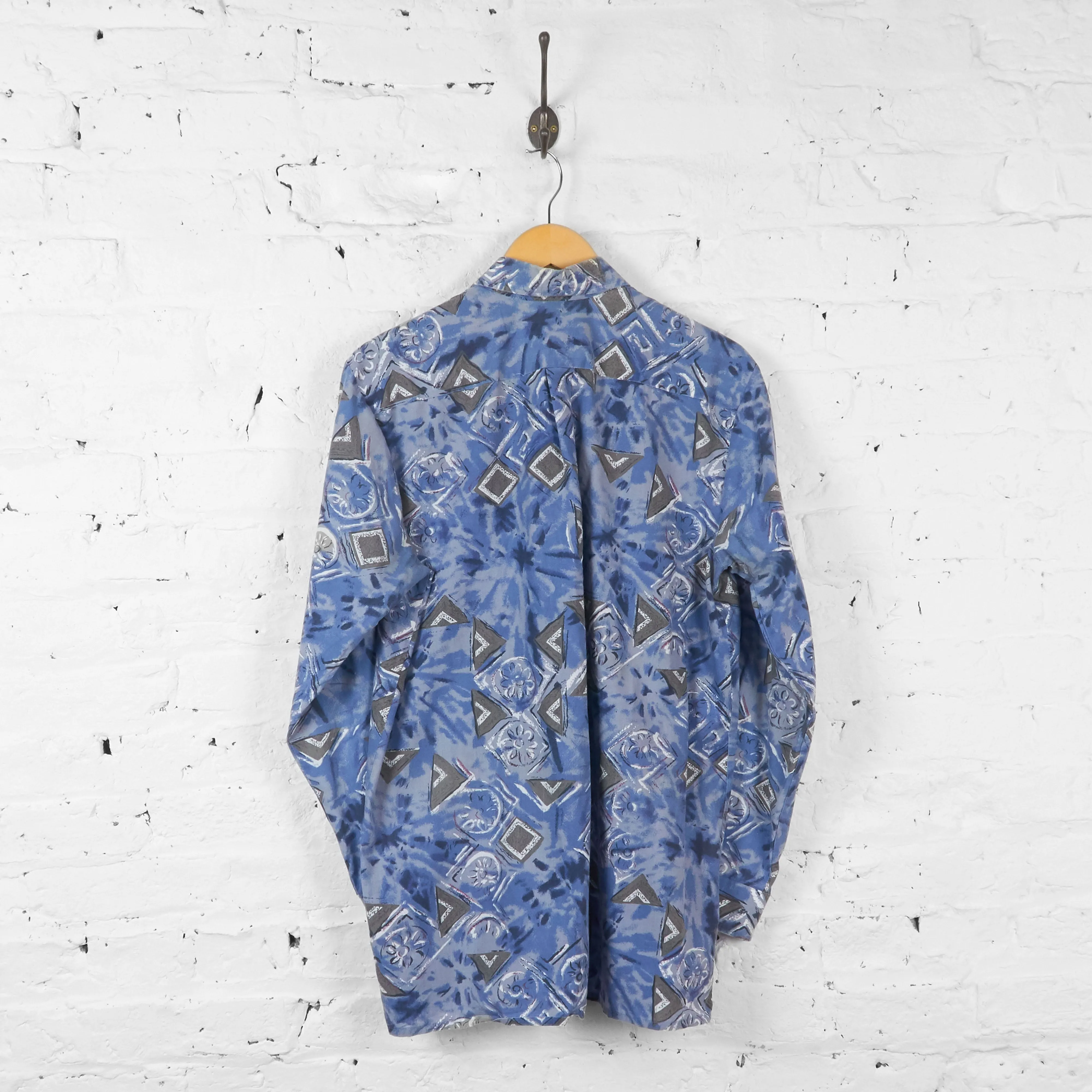 90s Long Sleeve Pattern Shirt - Blue - L