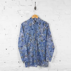 90s Long Sleeve Pattern Shirt - Blue - L