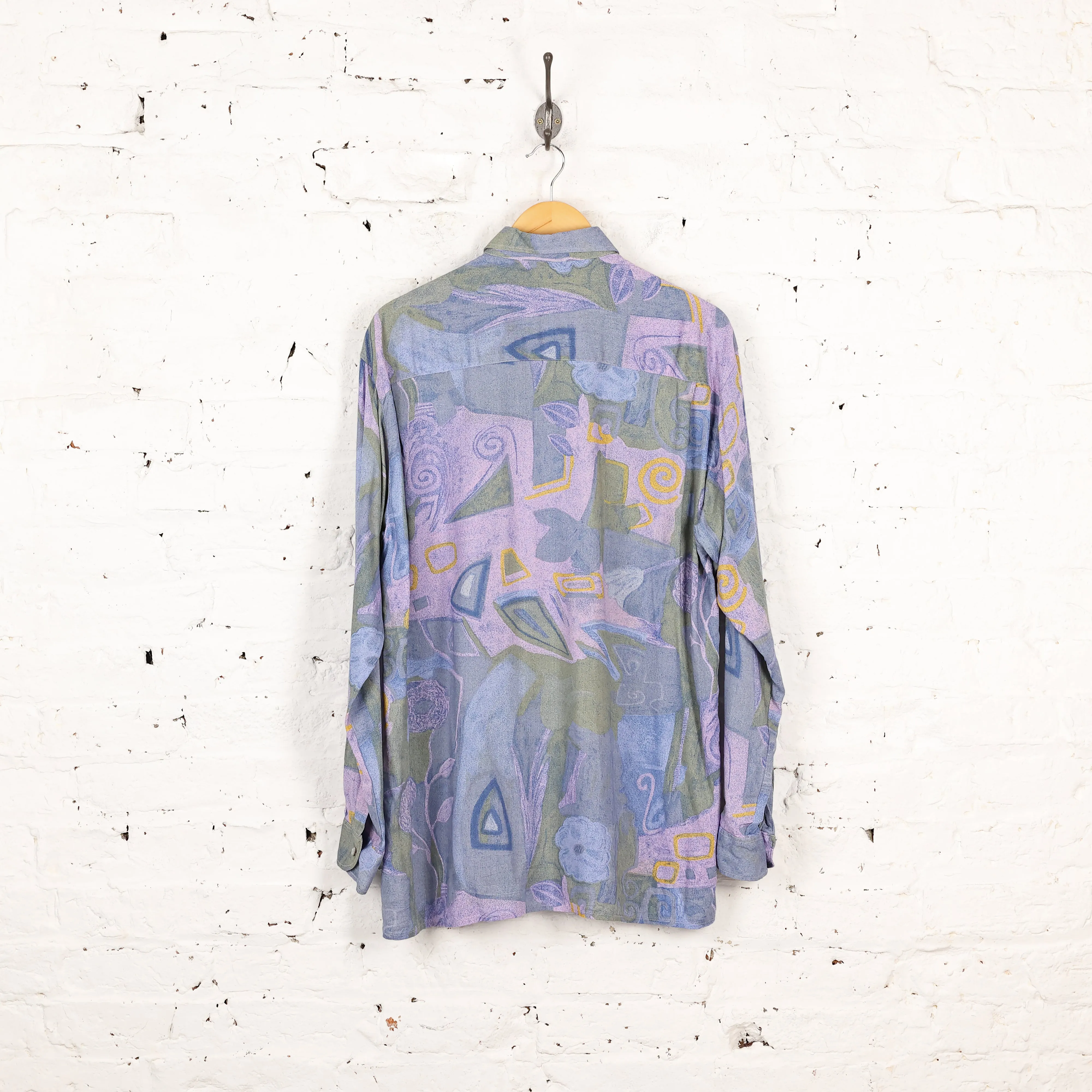 90s Long Sleeve Pattern Shirt - Blue - M