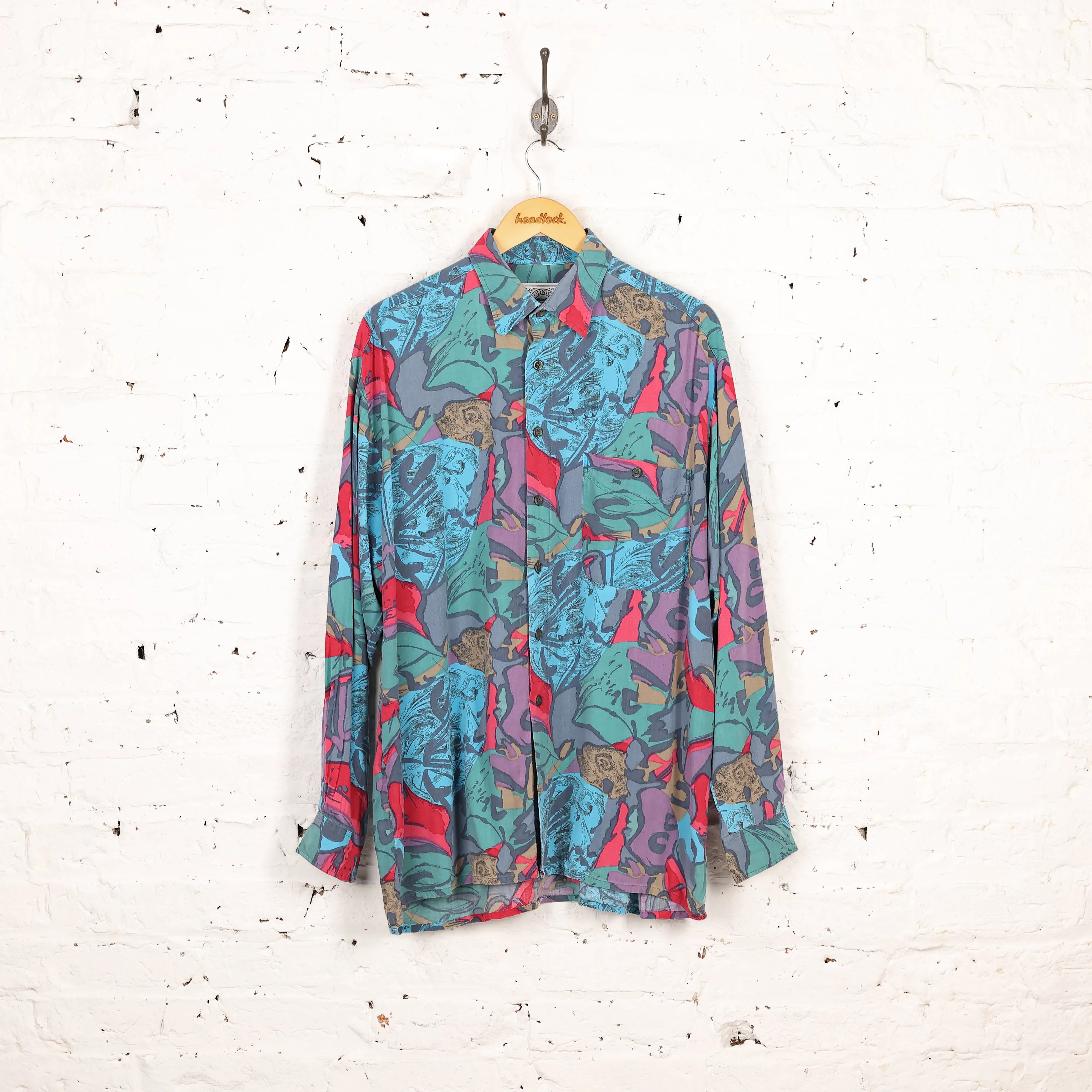 90s Long Sleeve Pattern Shirt - Blue - XL