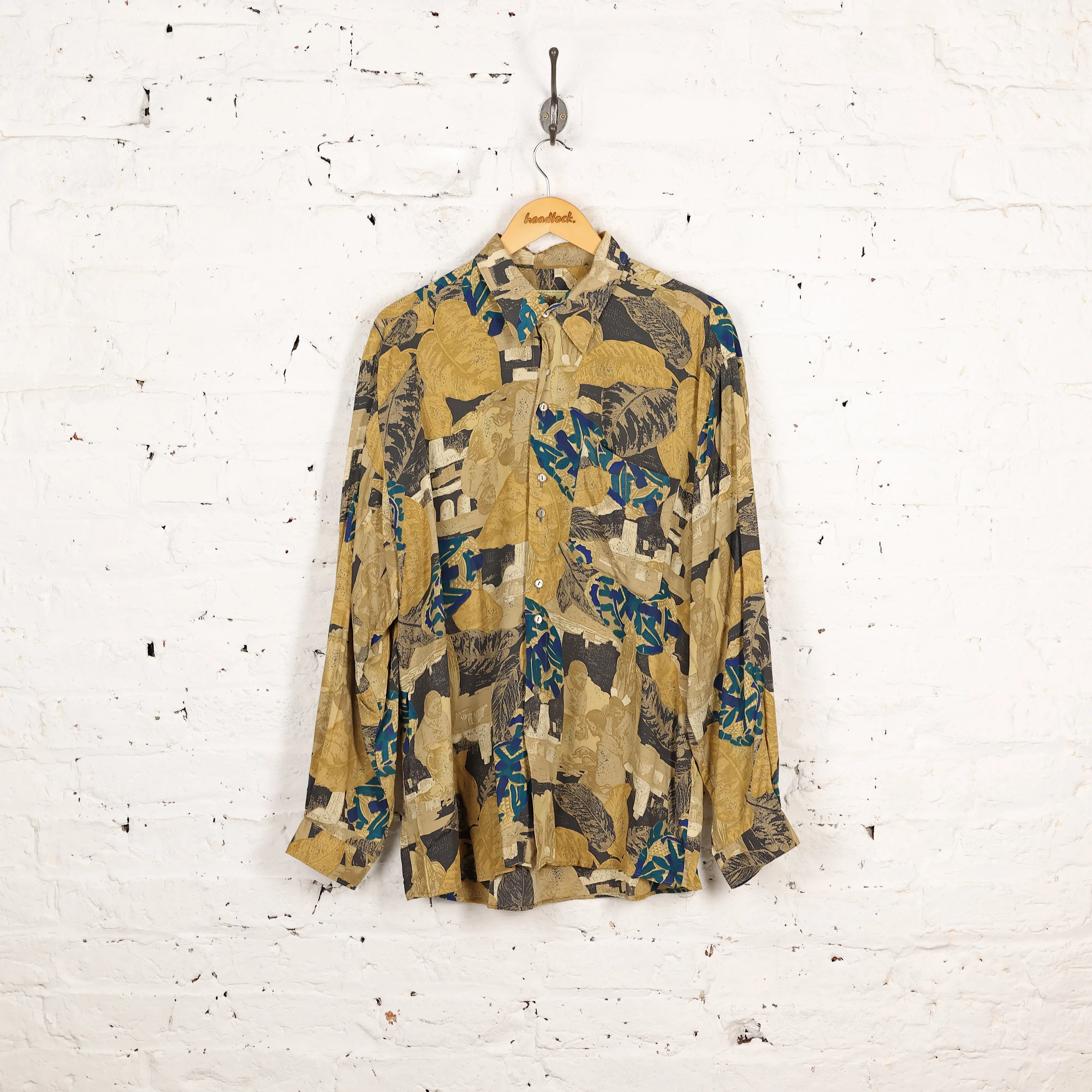 90s Long Sleeve Pattern Shirt - Gold - L