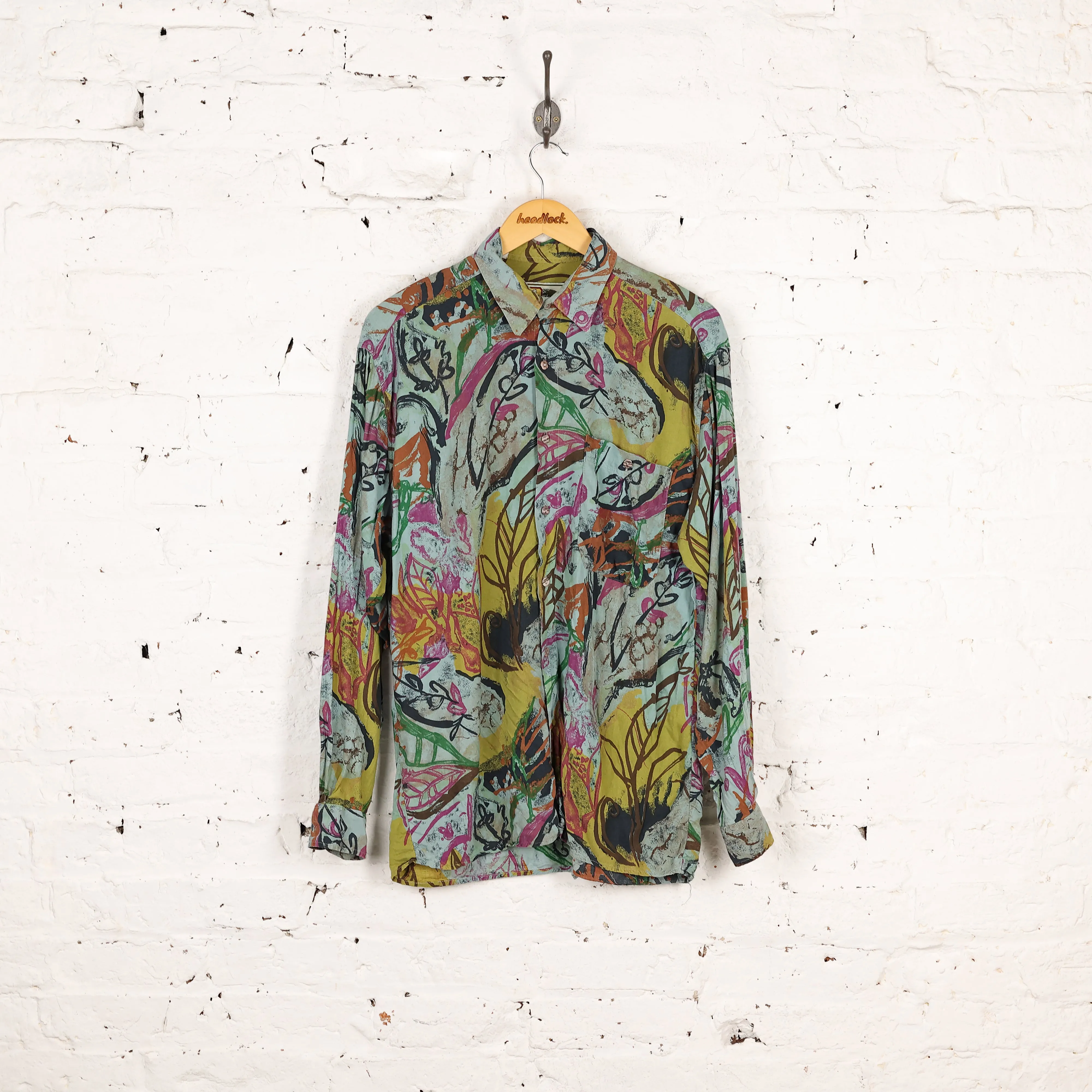 90s Long Sleeve Pattern Shirt - Green - M