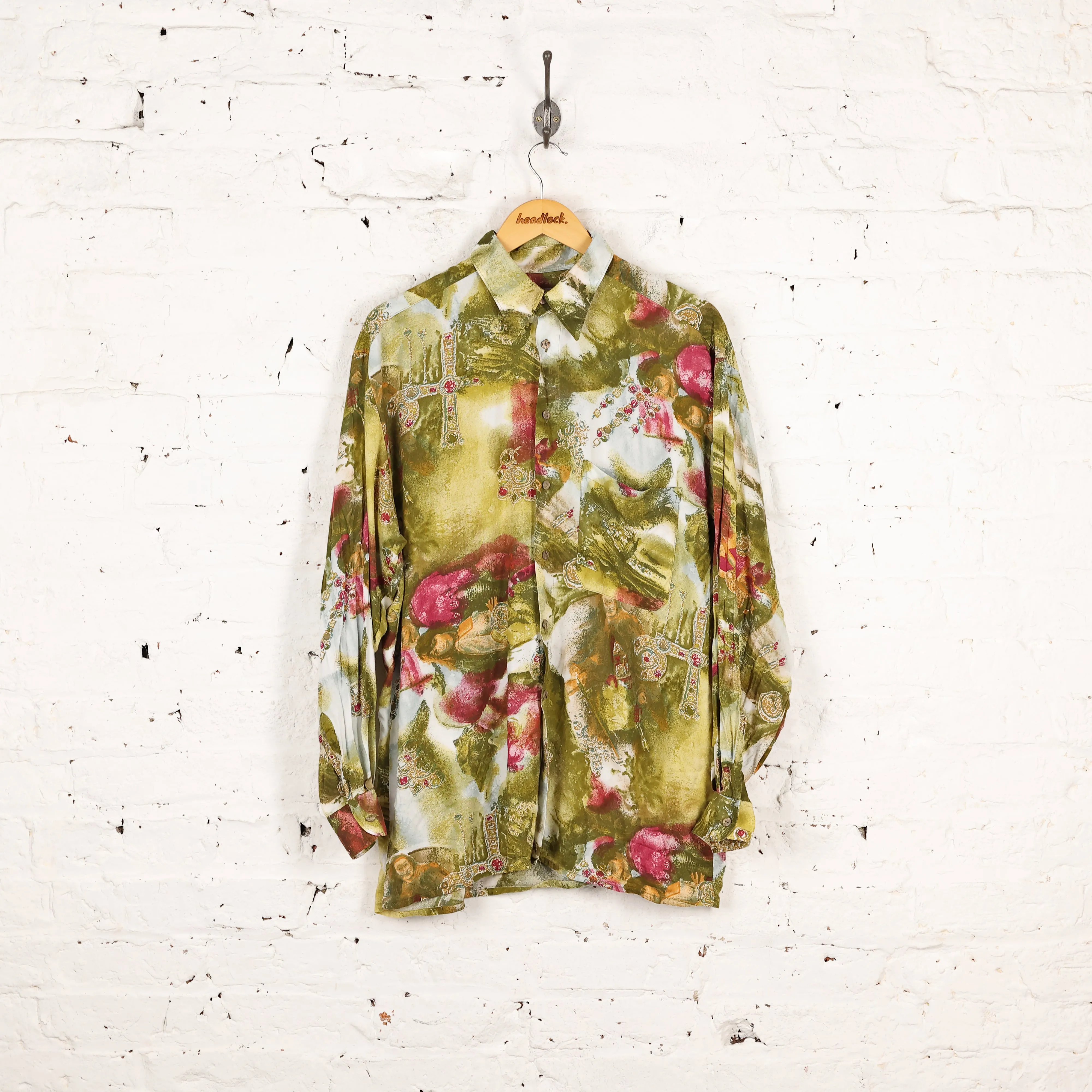 90s Long Sleeve Pattern Shirt - Green - M