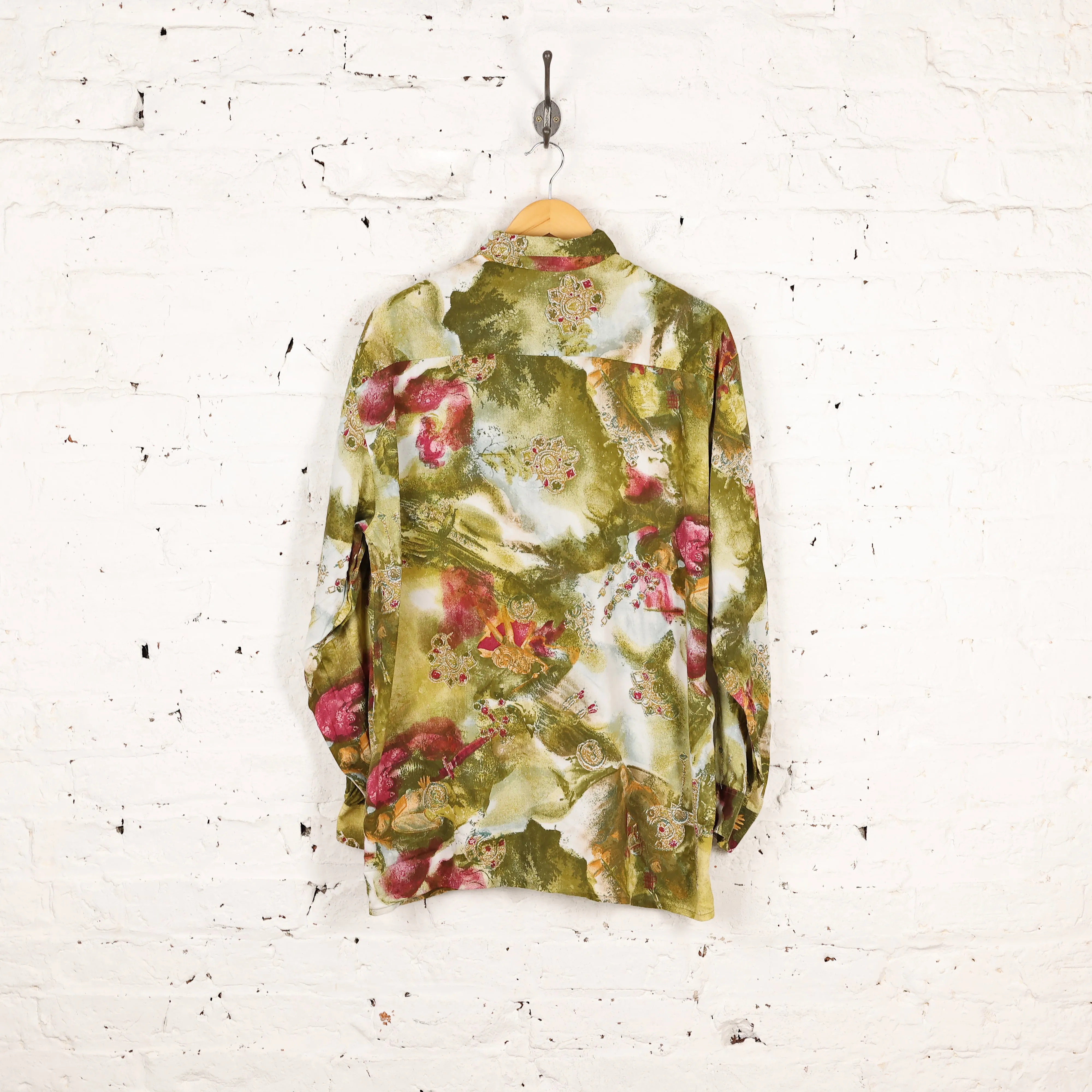 90s Long Sleeve Pattern Shirt - Green - M