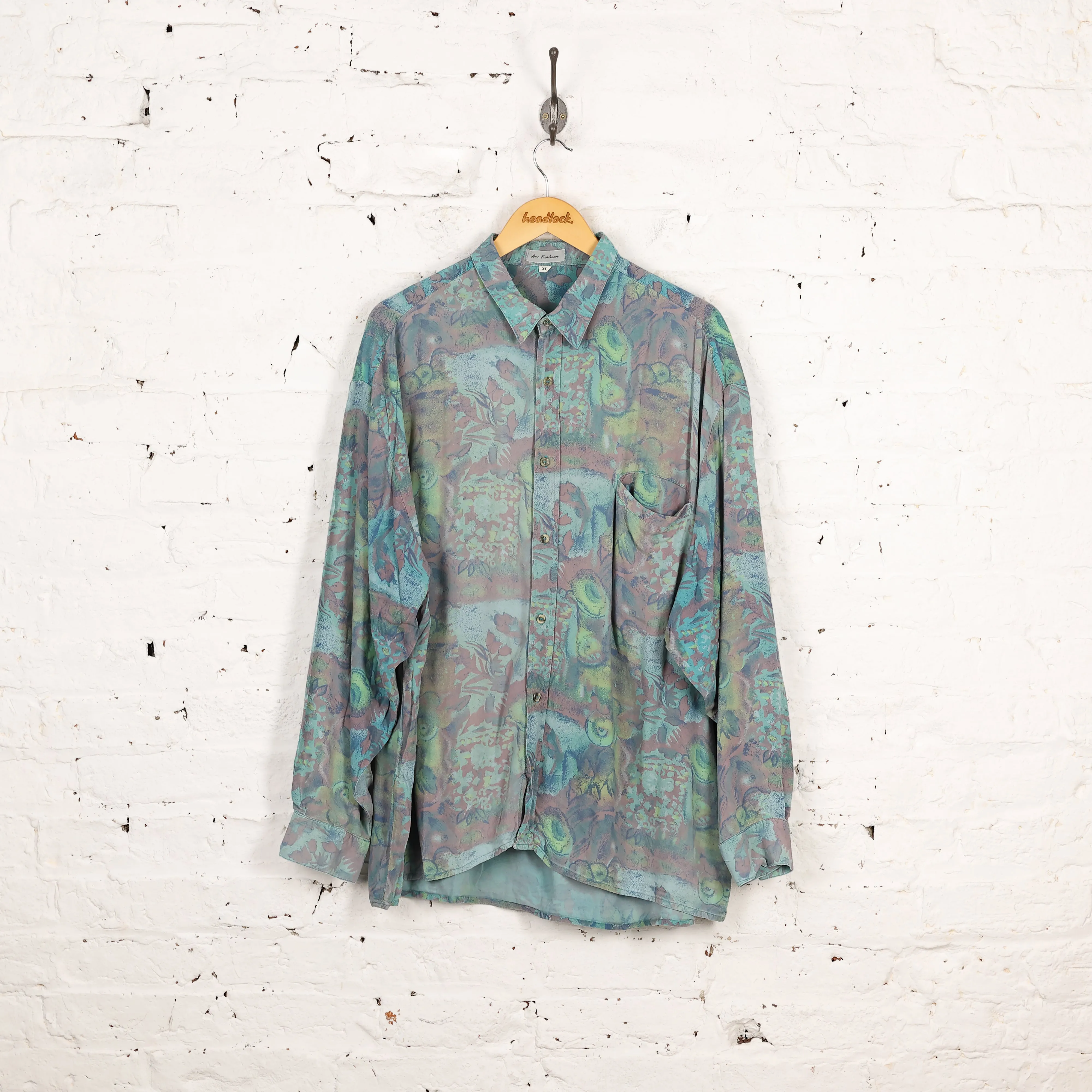 90s Long Sleeve Pattern Shirt - Green - XXL