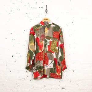90s Long Sleeve Pattern Shirt - Green/White - M