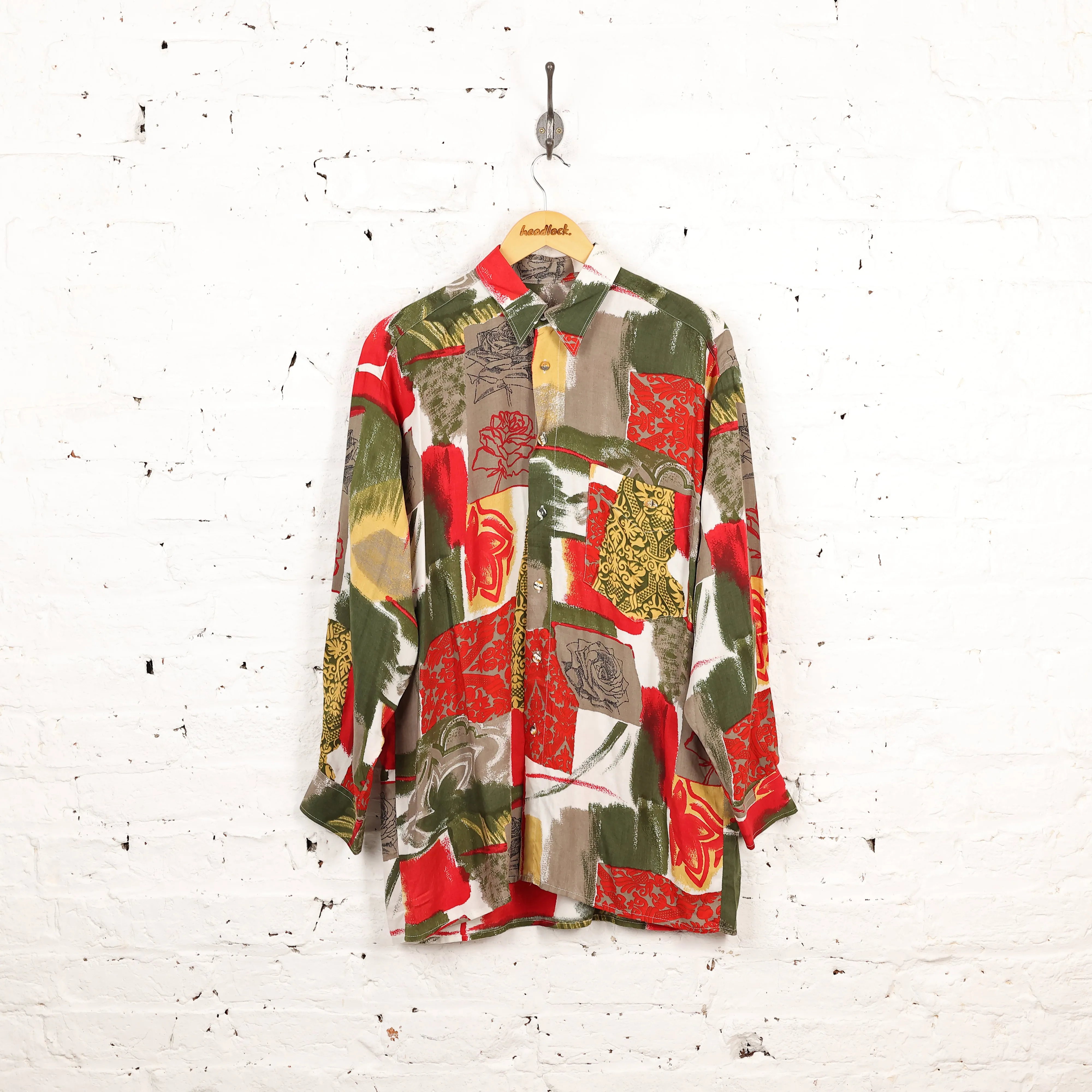 90s Long Sleeve Pattern Shirt - Green/White - M