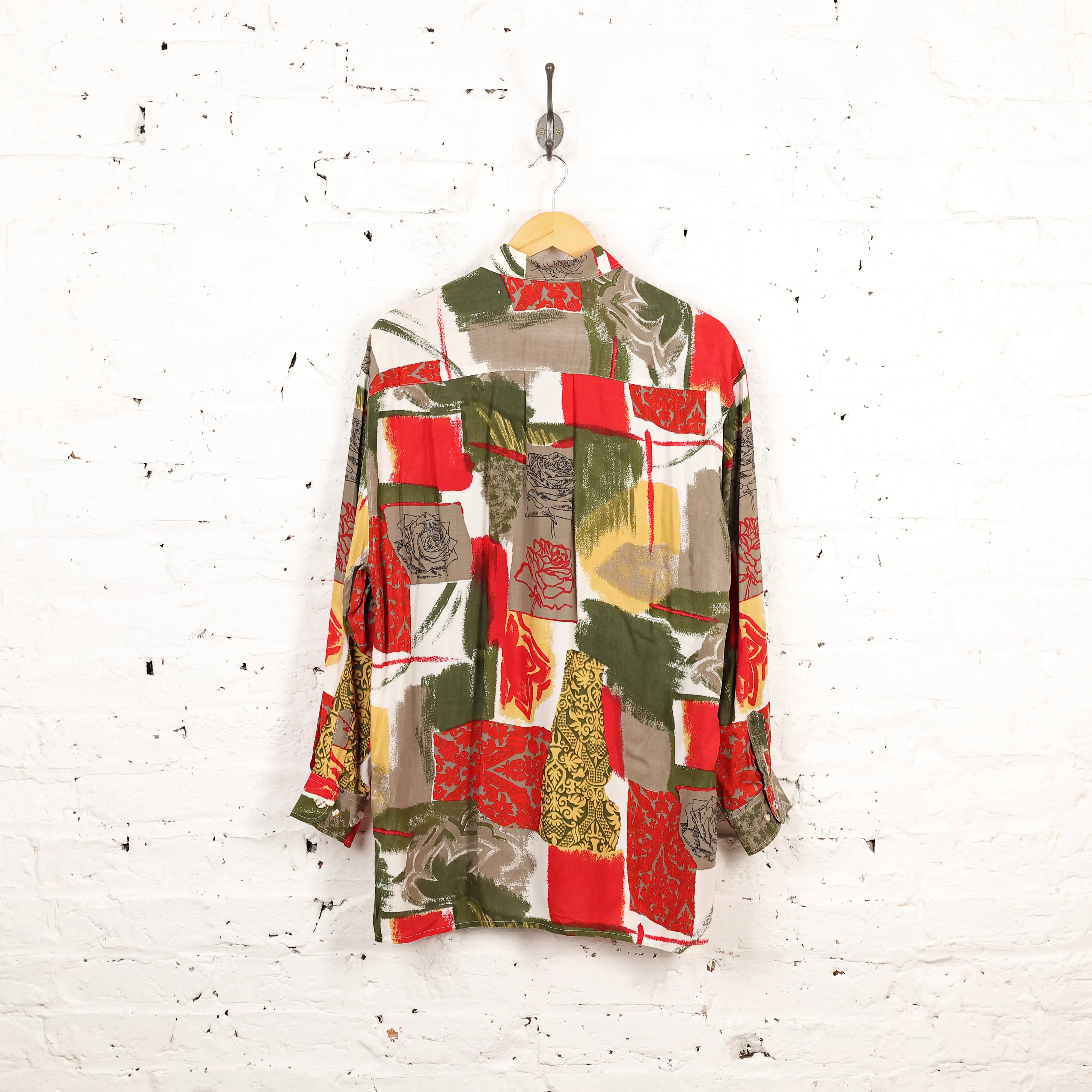 90s Long Sleeve Pattern Shirt - Green/White - M