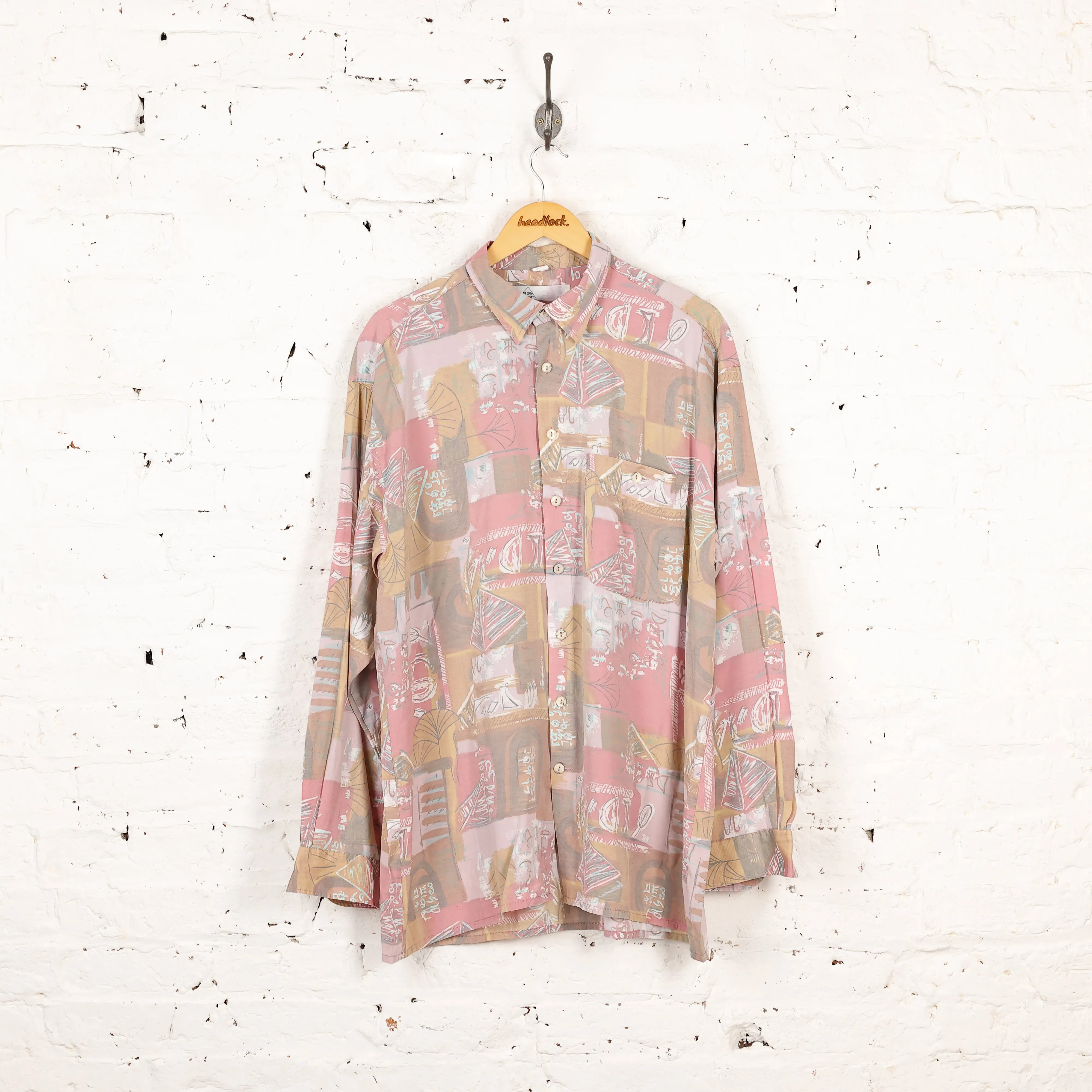 90s Long Sleeve Pattern Shirt - Pink - XL