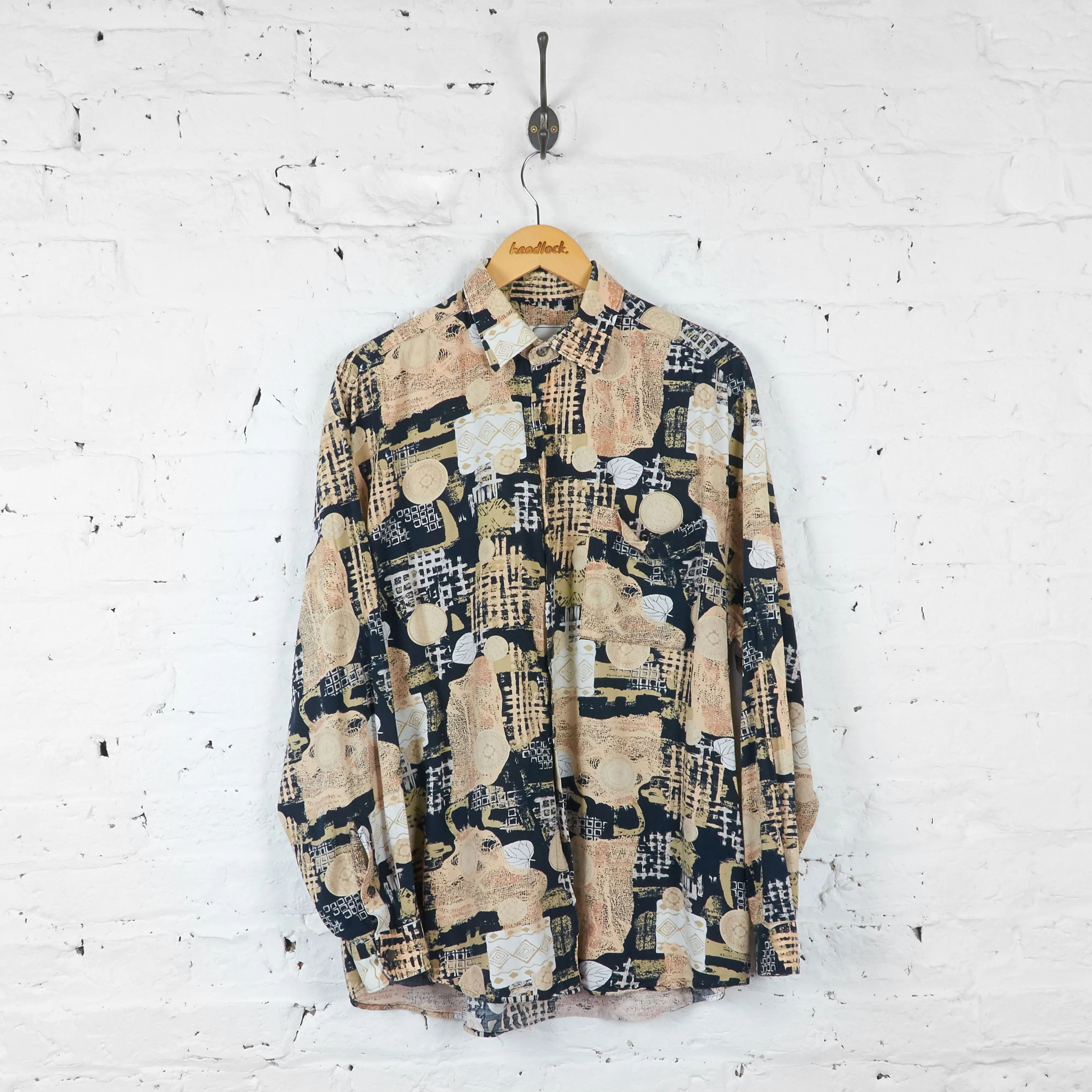 90s Long Sleeve Patterned Shirt - Beige/Black - L
