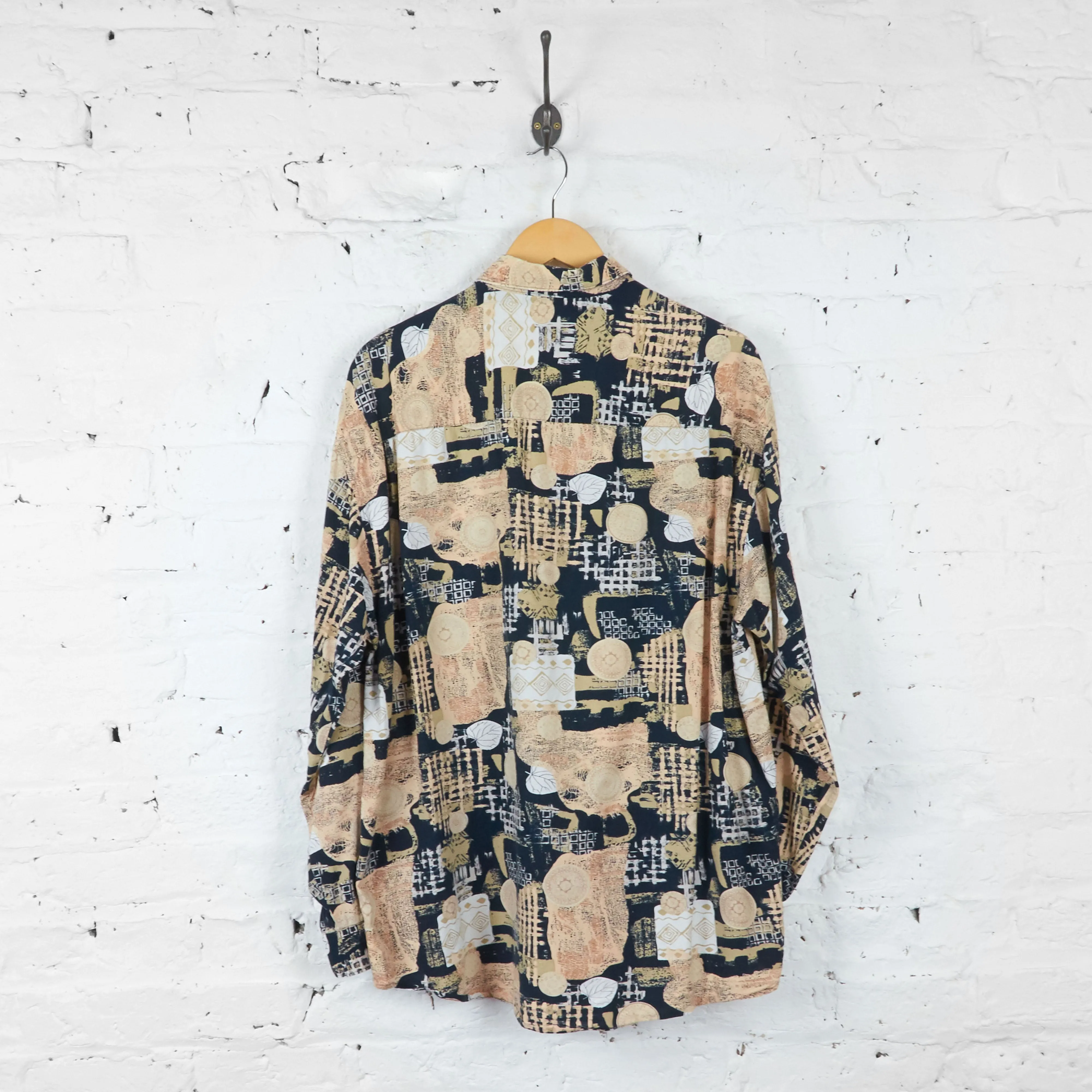 90s Long Sleeve Patterned Shirt - Beige/Black - L