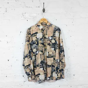 90s Long Sleeve Patterned Shirt - Beige/Black - L